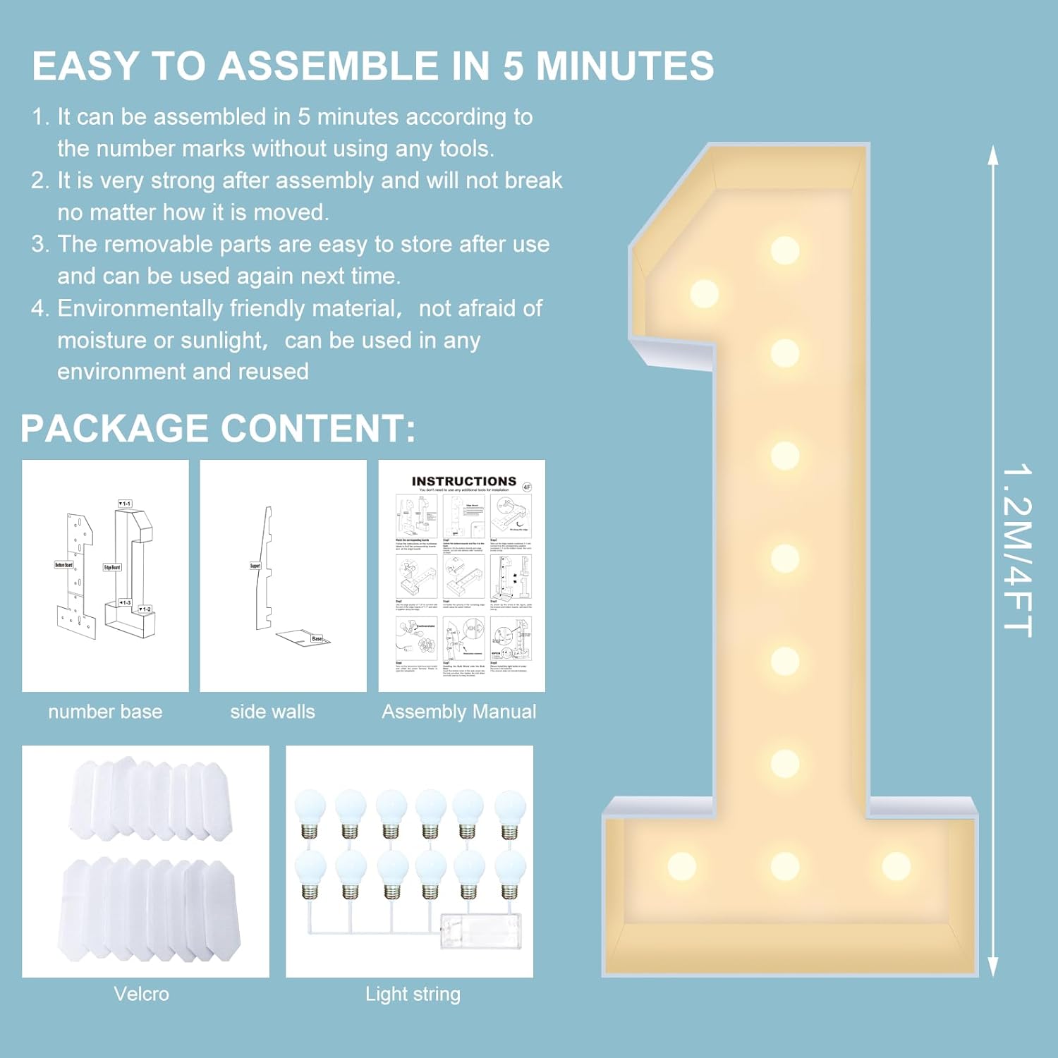 4ft Light up Marquee Numbers 1 Sign, Giant LED Mosaic Numbers for Balloons, No Tools Easy Setup, Corrugated Plastic, Perfect for Wedding, Birthday, Anniversary & 2025 Party Decorations (Numbers 1)