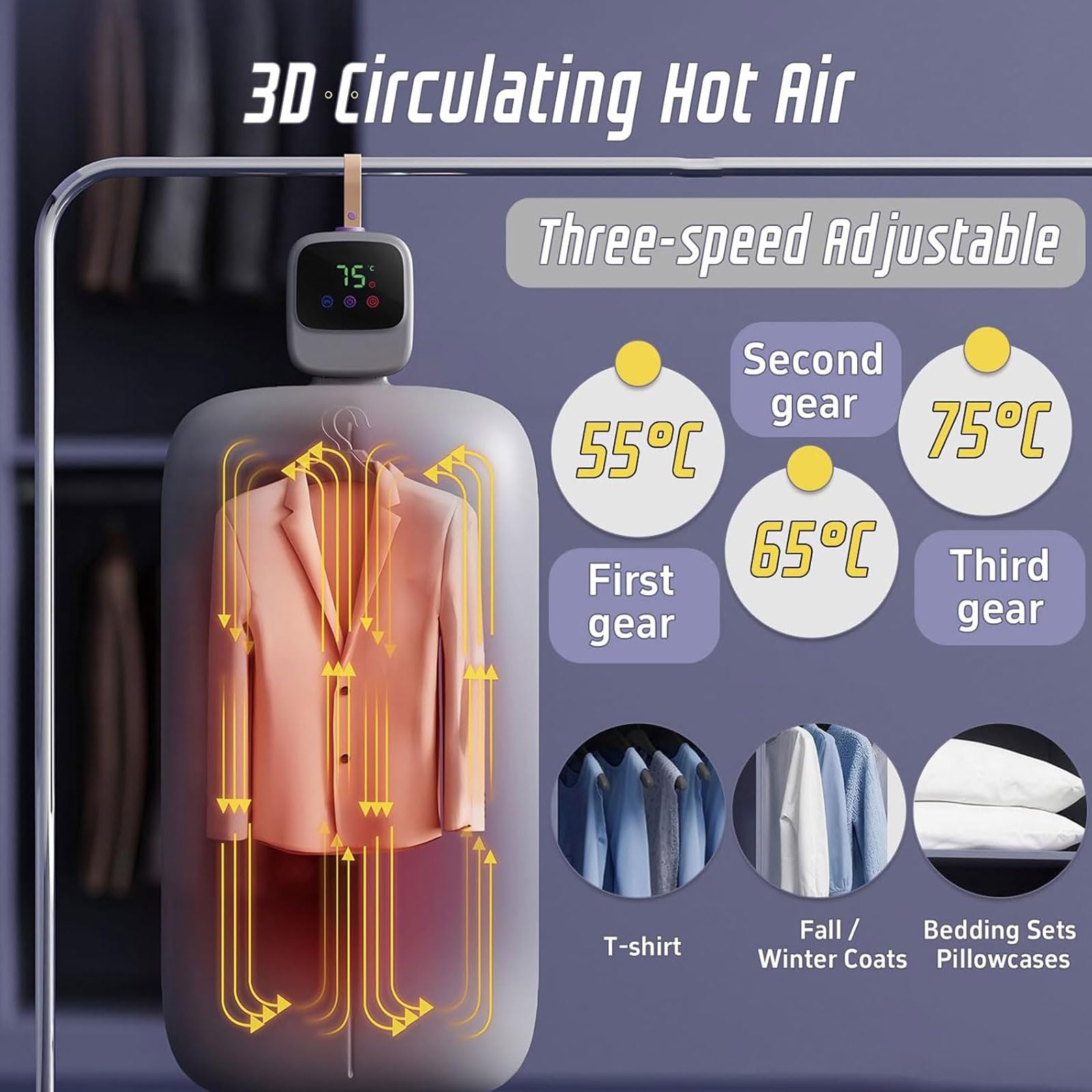 Tragbarer Wäschetrockner, Mini-Hängewäschetrockner Mit Trockenbeutel, 8-Stunden-Timer, Temperatur Einstellbar Auf 55 °C, 65 °C Und 75 °C, Für Reisen, Wohnmobil, Zuhause Und Wohnung