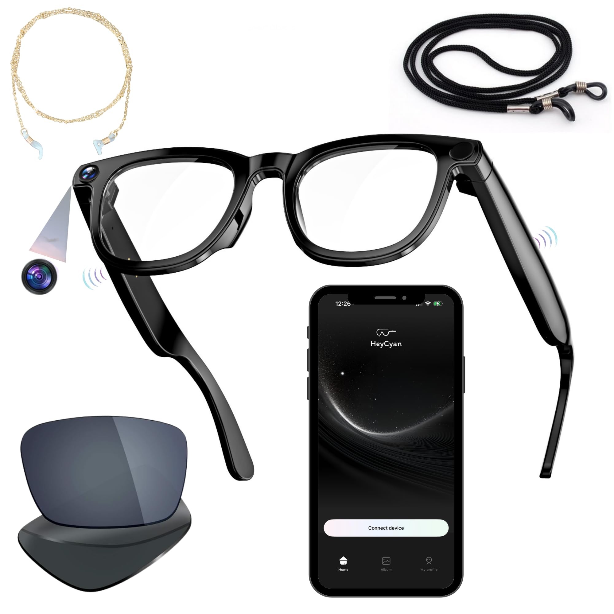 iPal Smart Glasses with 8MP HD Camera Bluetooth Audio AI Assistant Real-Time Translation Photo Recognition IP67 Waterproof 12H