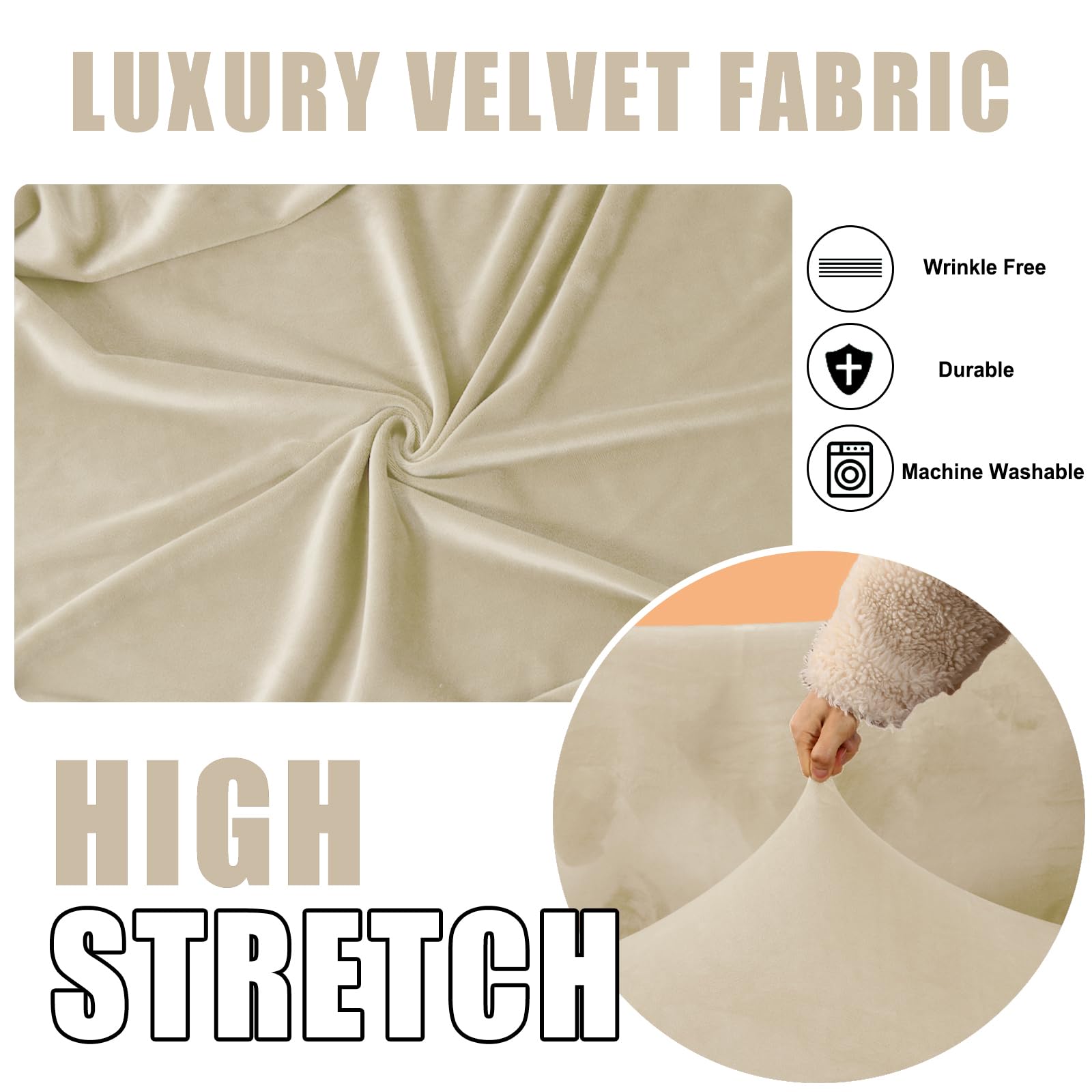 SYLC Velvet Stretch Chesterfield Sofa Cover Couch Cover with Seat Cushion Cover Furniture Protector for Curved Settee Fitted Vintage (Beige,Loveseat+2 Small Seats) - Image 4