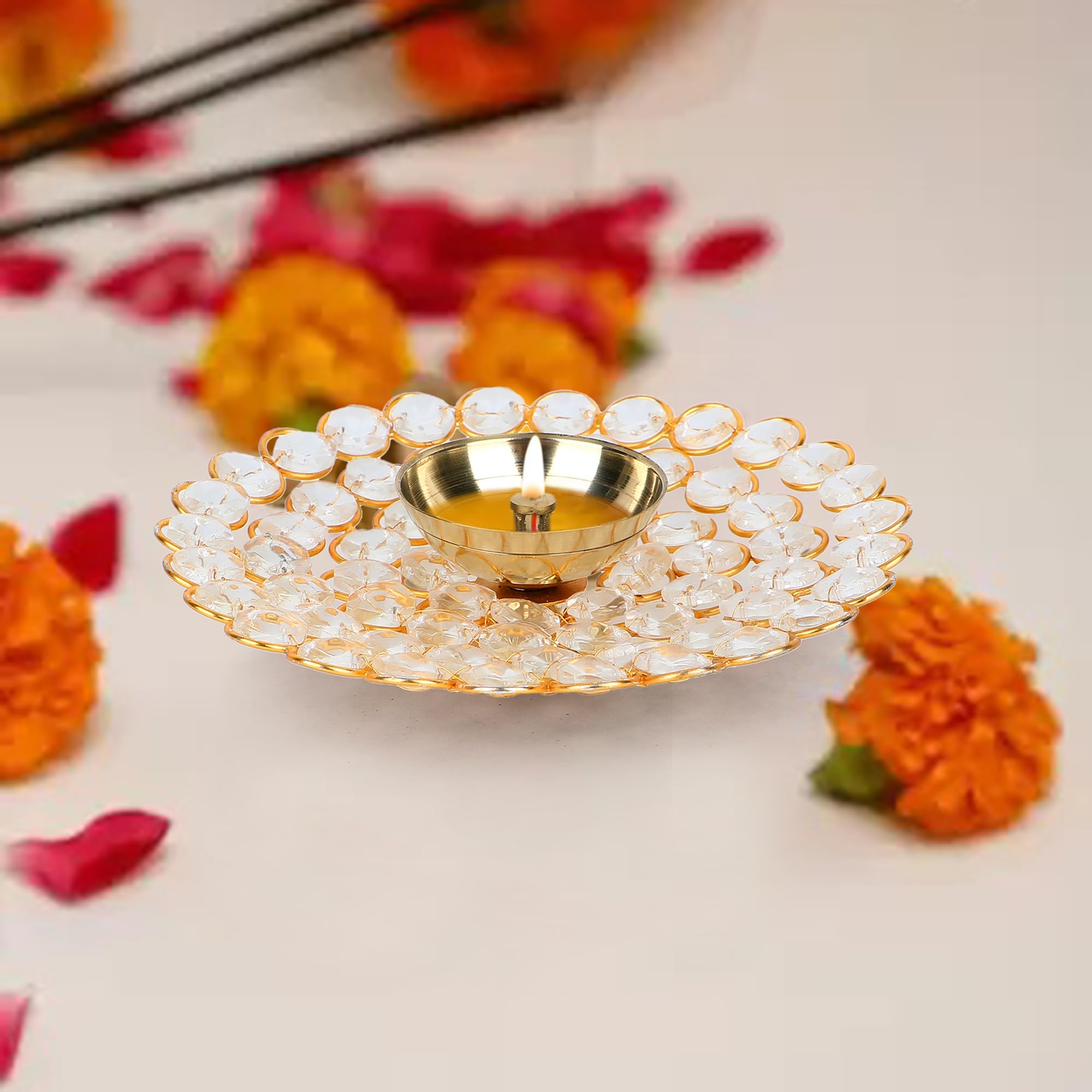 Zap Impex Handmade Brass Akhand Diya Oil Lamp with Sparkling Crystal Accents for Home Office Puja Decoration Diwali Decoration (Round Large) - Image 3