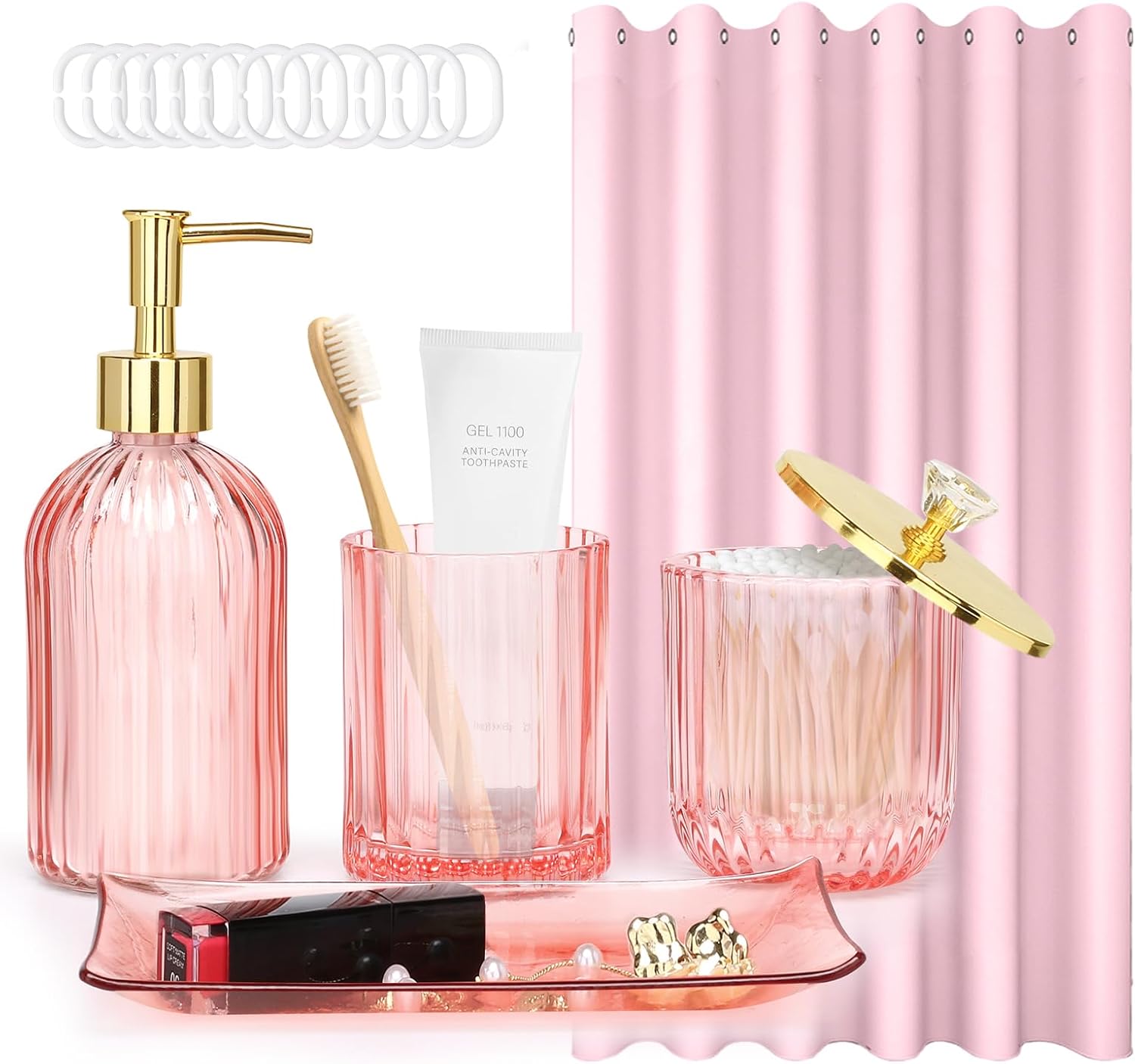 Bathroom Accessories with Shower Curtain,Pink Glass Bathroom Accessory Sets of Soap Dispenser, Toothbrush Holder, Apothecary Jar(Qtip Holder), Vanity Tray, Modern Home/Dorm Decor Housewarming Gifts