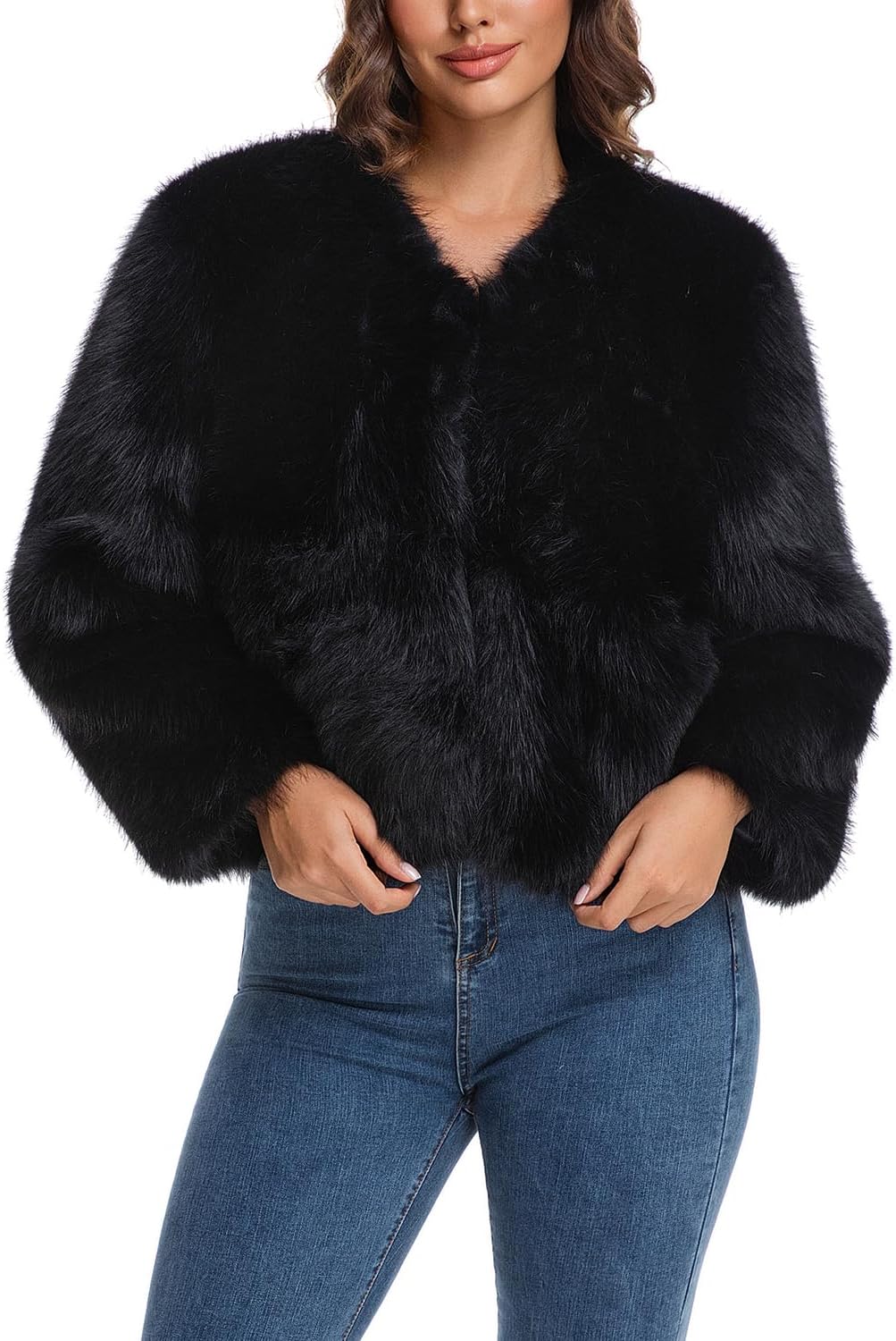 HOOD CREW Women’s Fashion Cropped Faux Fur Jackets Long Sleeve Fluffy Winter Coats Casual Cardigan Outerwear Short Coat - Image 4