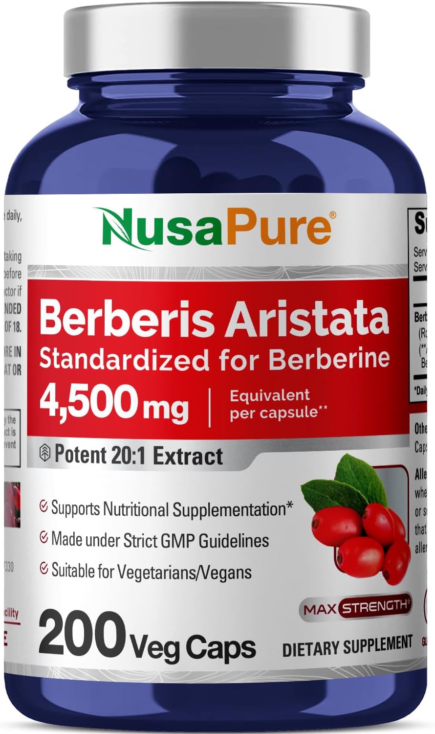 NusaPure Berberine HCI 4500 mg – 200 Veggie Caps – 6 Months Supply – (100% Vegetarian, Non-GMO, Gluten-Free)