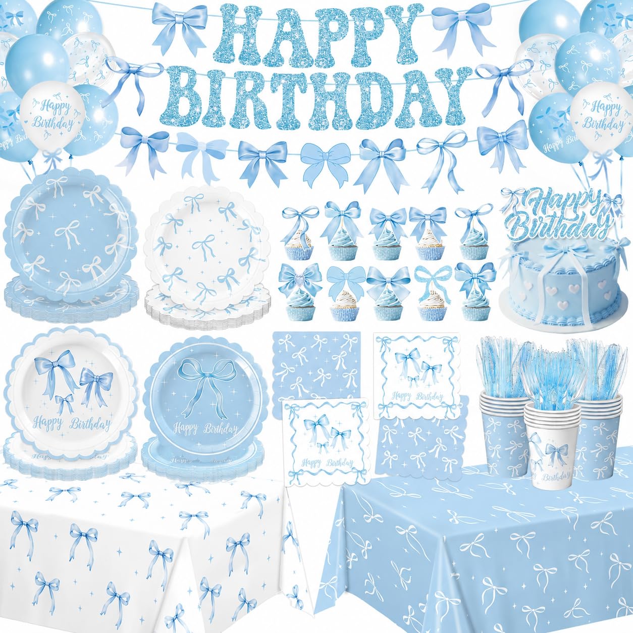 Photo 1 of LINHAXM Blue Bow Birthday Party Supplies Set