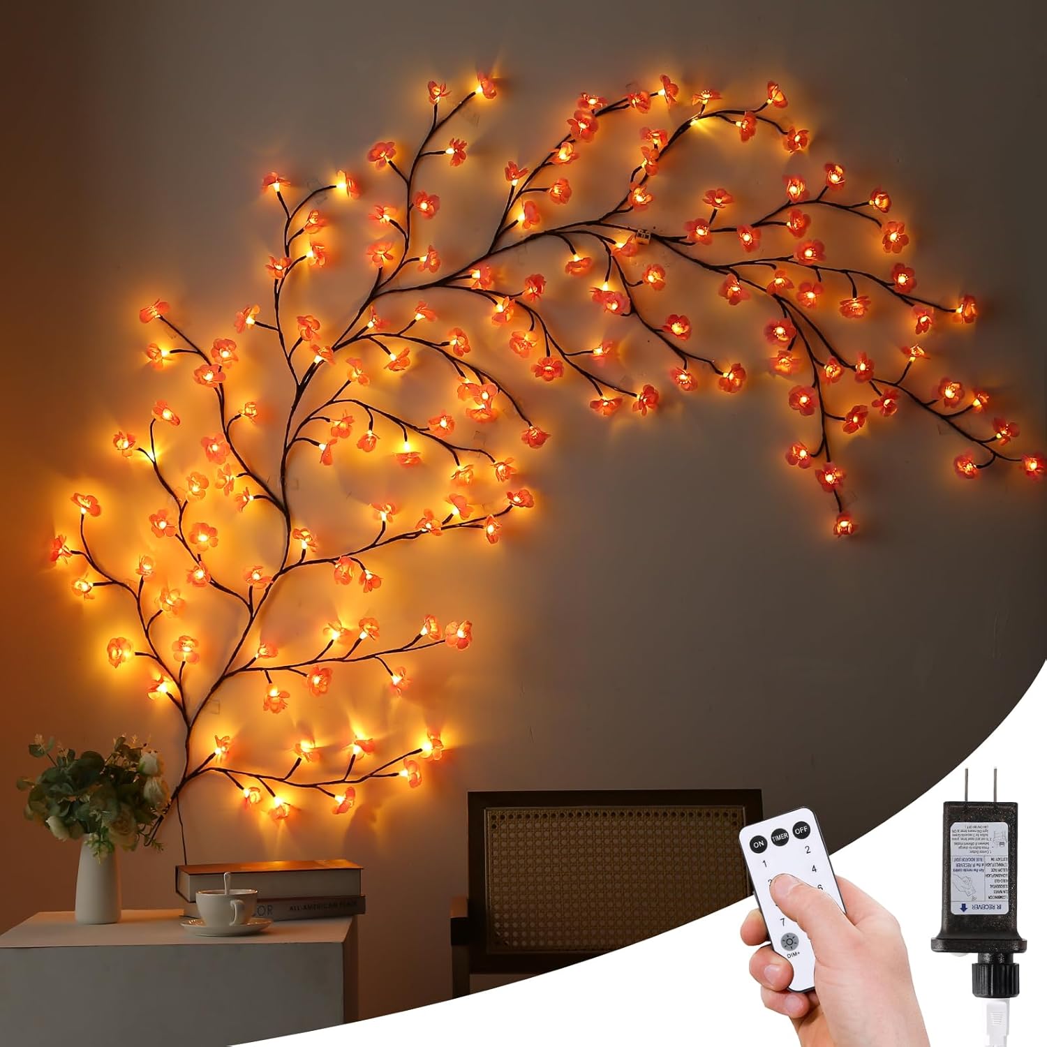 Cherry Blossom Lights with Remote, 7.5 Ft 144 Flowers Enchanted Willow Vine Lights, 18 Branches 144 LEDs Lighted Willow Vine Tree Lights for Walls Bedroom Home Room Decor, Brown Branch