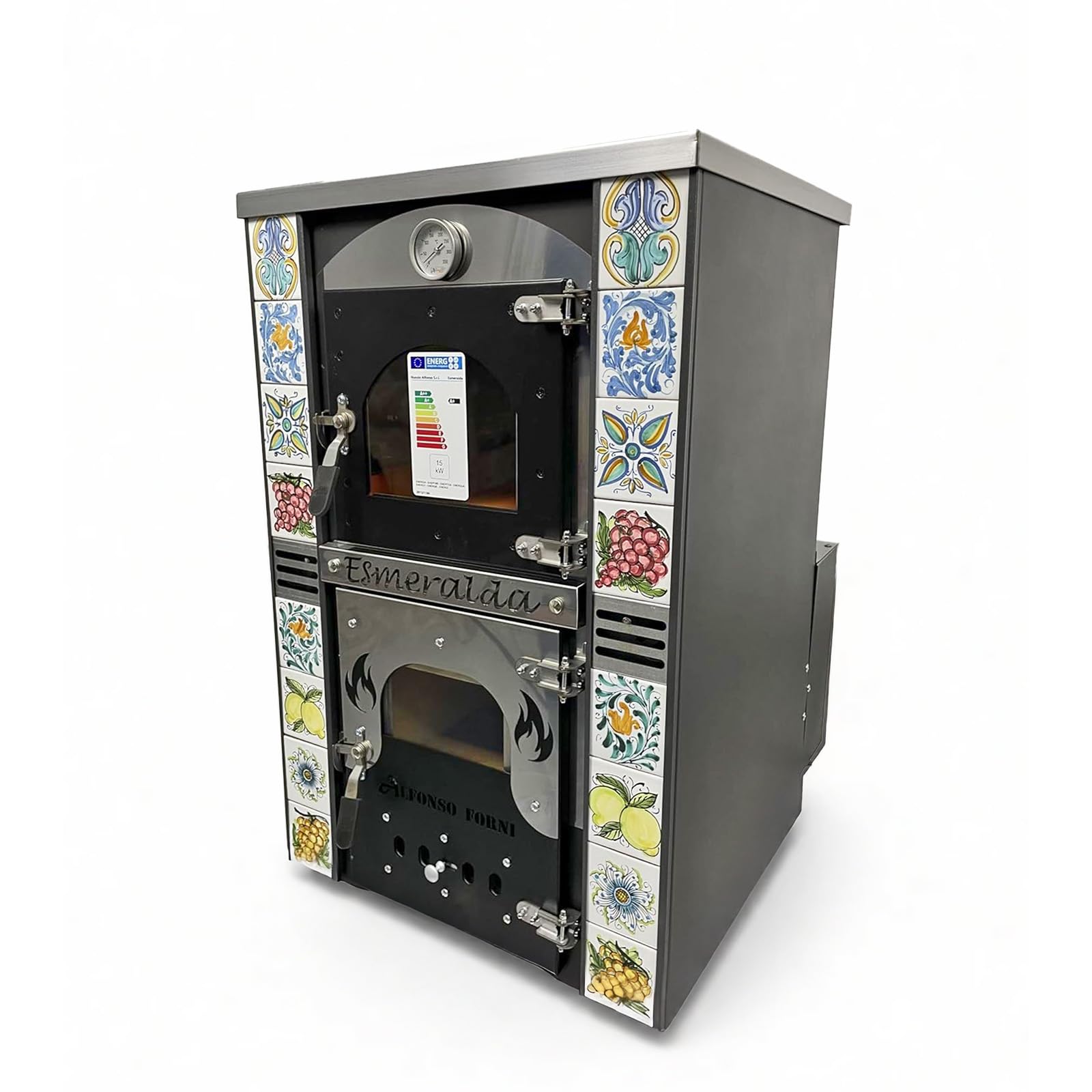 Stufa a Legna Termo ventilata con Forno - Esmeralda Maioliche di Caltagirone - Potenza Riscaldamento 25 Kw, Stufa A Legna Economica in Acciaio Verniciato Antracite, Forno in Mattoni Refrattari
