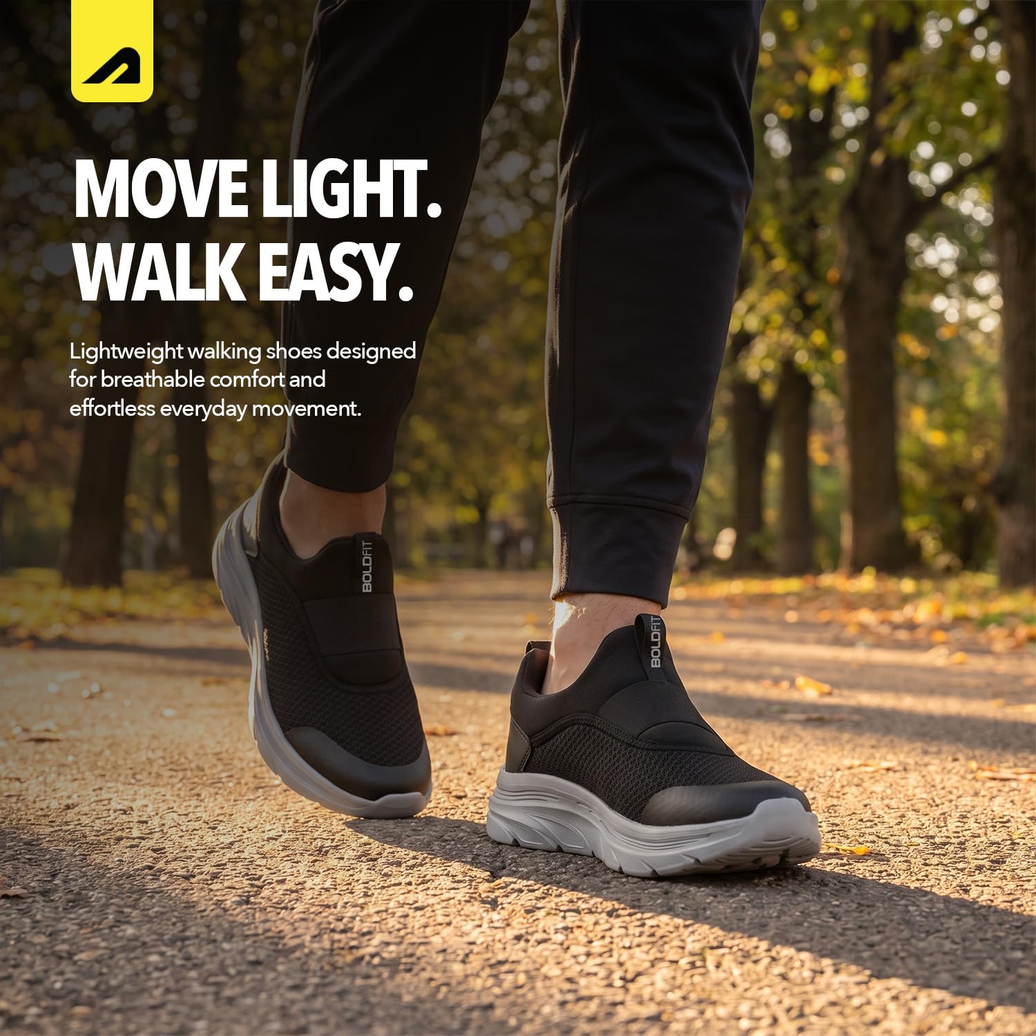 Boldfit Męskie buty do chodzenia, męskie buty na co dzień z oddychającą dzianiną z wkładką z pianki memory, grubą podeszwą EVA i wyściełanym podparciem pięty, lekkie