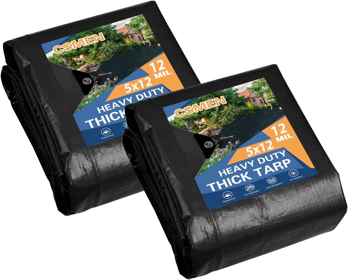 Heavy-Duty Waterproof Black Tarps 5x12ft (2-Pack) for Outdoor Use
