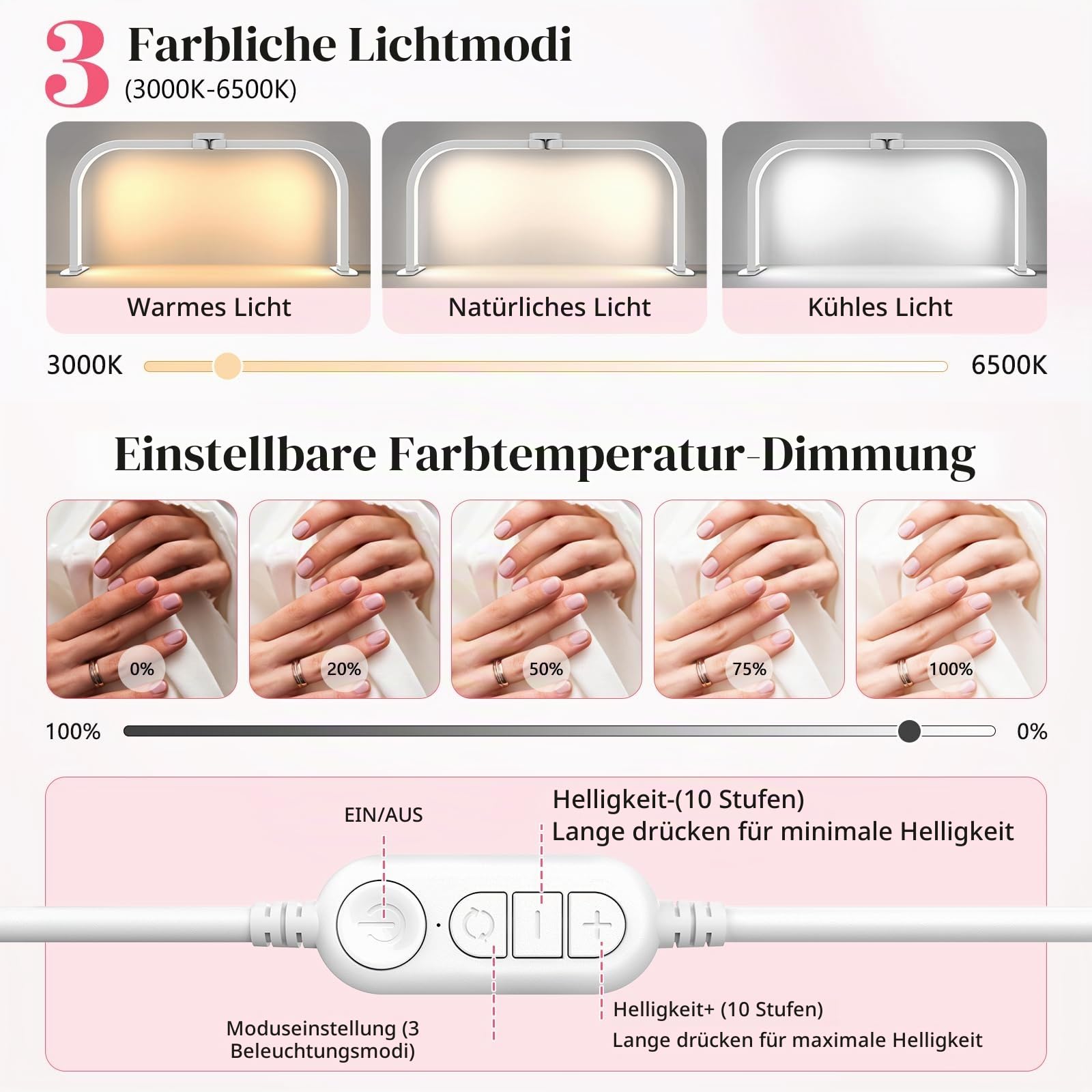 Desktop Halbmond Lampe Nägel: 29in Halbmond Lampe für Anfänger - 3 Farbmodi und 10 Helligkeitsstufen Nagel Tischlampe für Salon - 40W LED Halbmond Wimpern Lampe für Kosmetik/Tattoo - Weiß