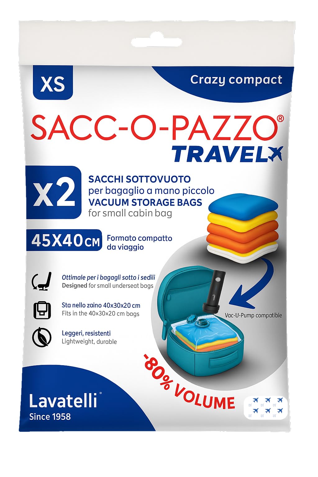 Lavatelli - Set 2 Sacchetti Sottovuoto da Viaggio 40x45 cm, Compatibili con Zaino Ryanair 40x30x20 e Bagaglio a Mano, Sacchi Salvaspazio con Valvola Universale, Accessorio Travel per Voli Low Cost