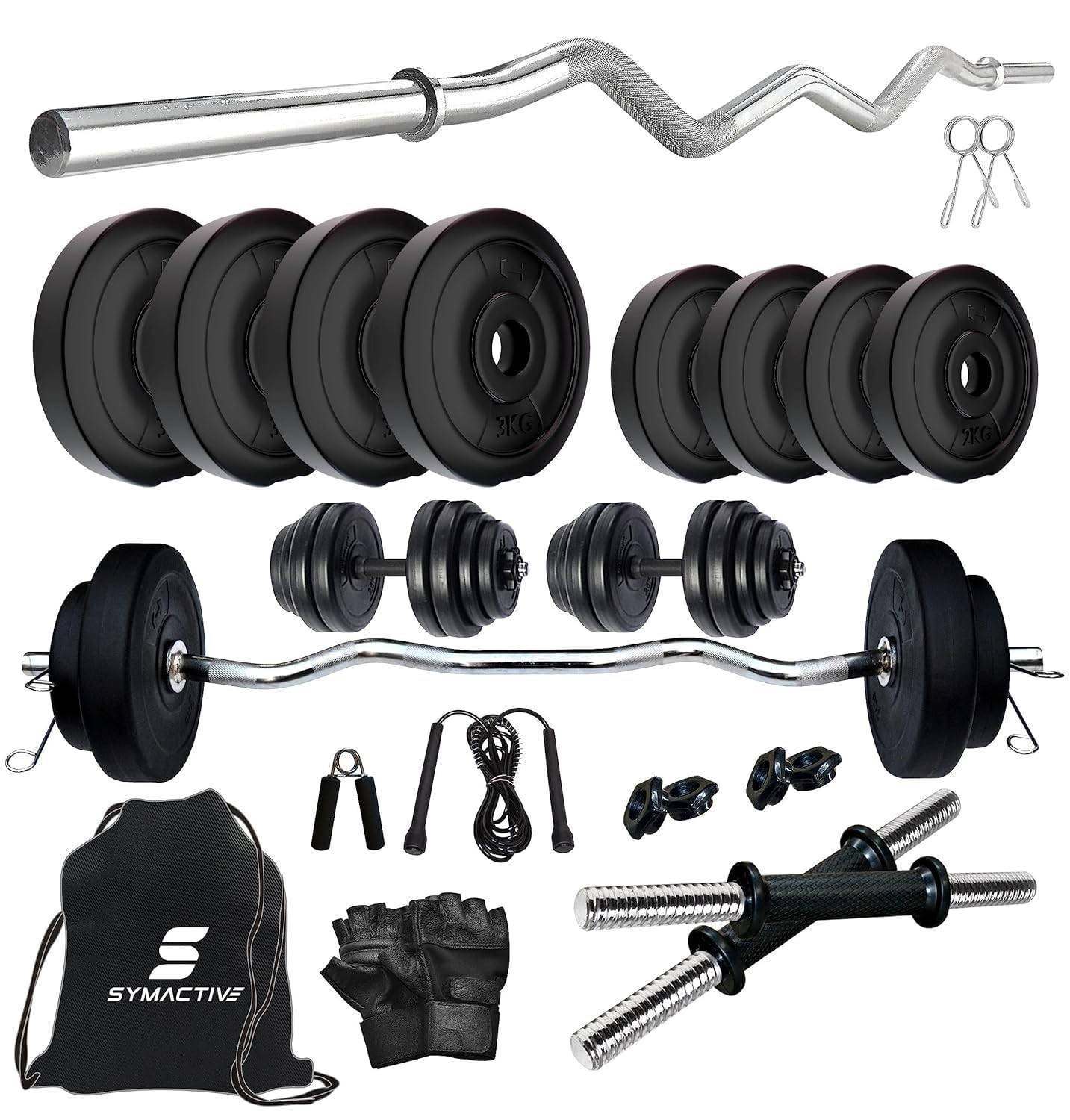 Amazon Brand - Symactive 20 KG PVC Home Gym Set with Accessories & Gym Bag (20 Kg Weight, 3 Ft Curl Rod, 14'' Dumbbell Rods Pair, Skipping Rope, Gloves, Gripper, 2 Locks/Clippers, Bag)-image-28