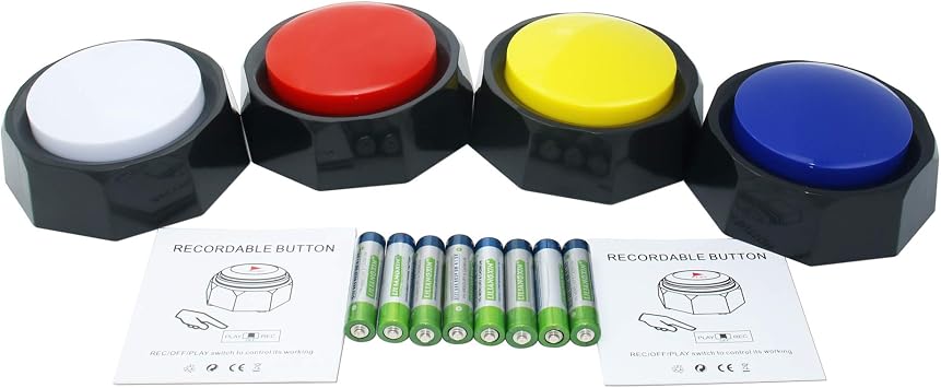 Recordable Buttons, 30S Recording Upgrade, Set of 4 Assorted Colored Buzzers, Dog Training Buttons, Material Safety, Answer Buzzers for Game Show AAA Batteries Inside
