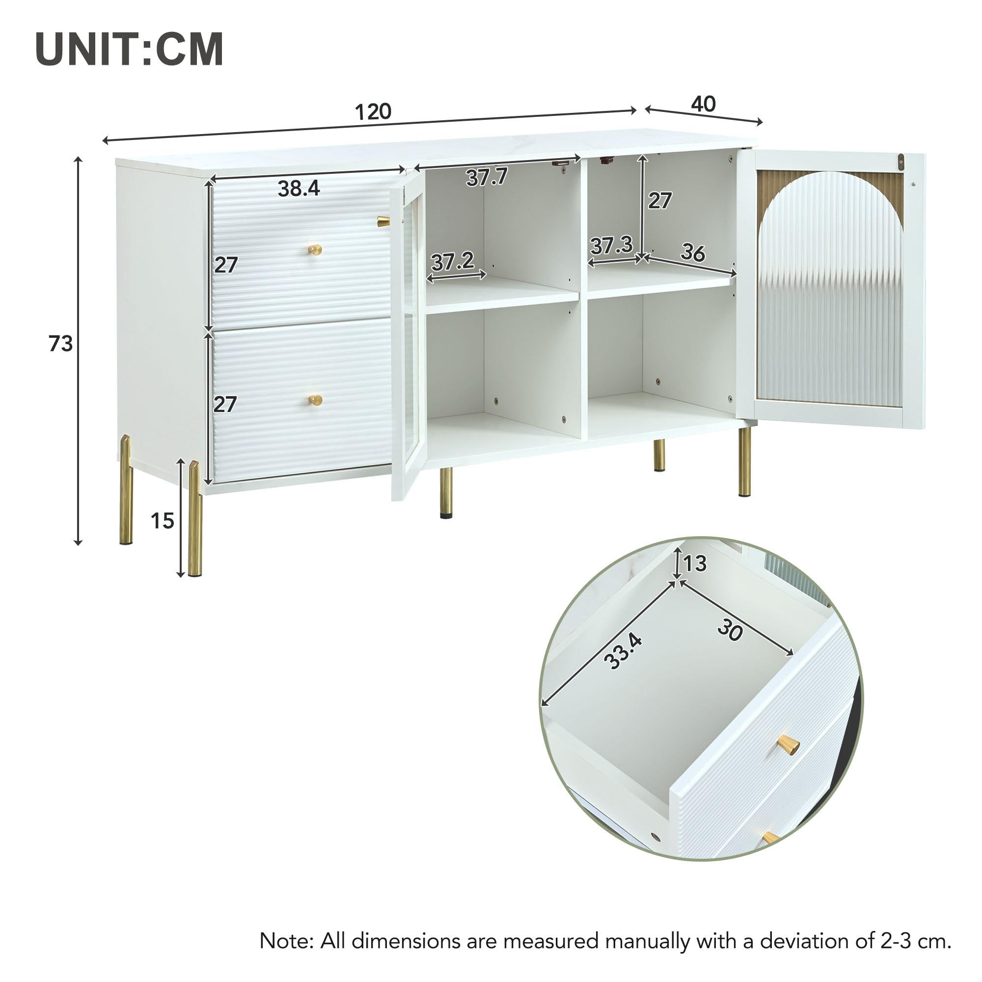 Sweiko Cassettiera Moderna 160 Cm Con 2 Ante E 4 Cassetti, Bianco E Legno, Ripiani In Vetro, Maniglie Dorate E Luci LED 15 Colori - 6