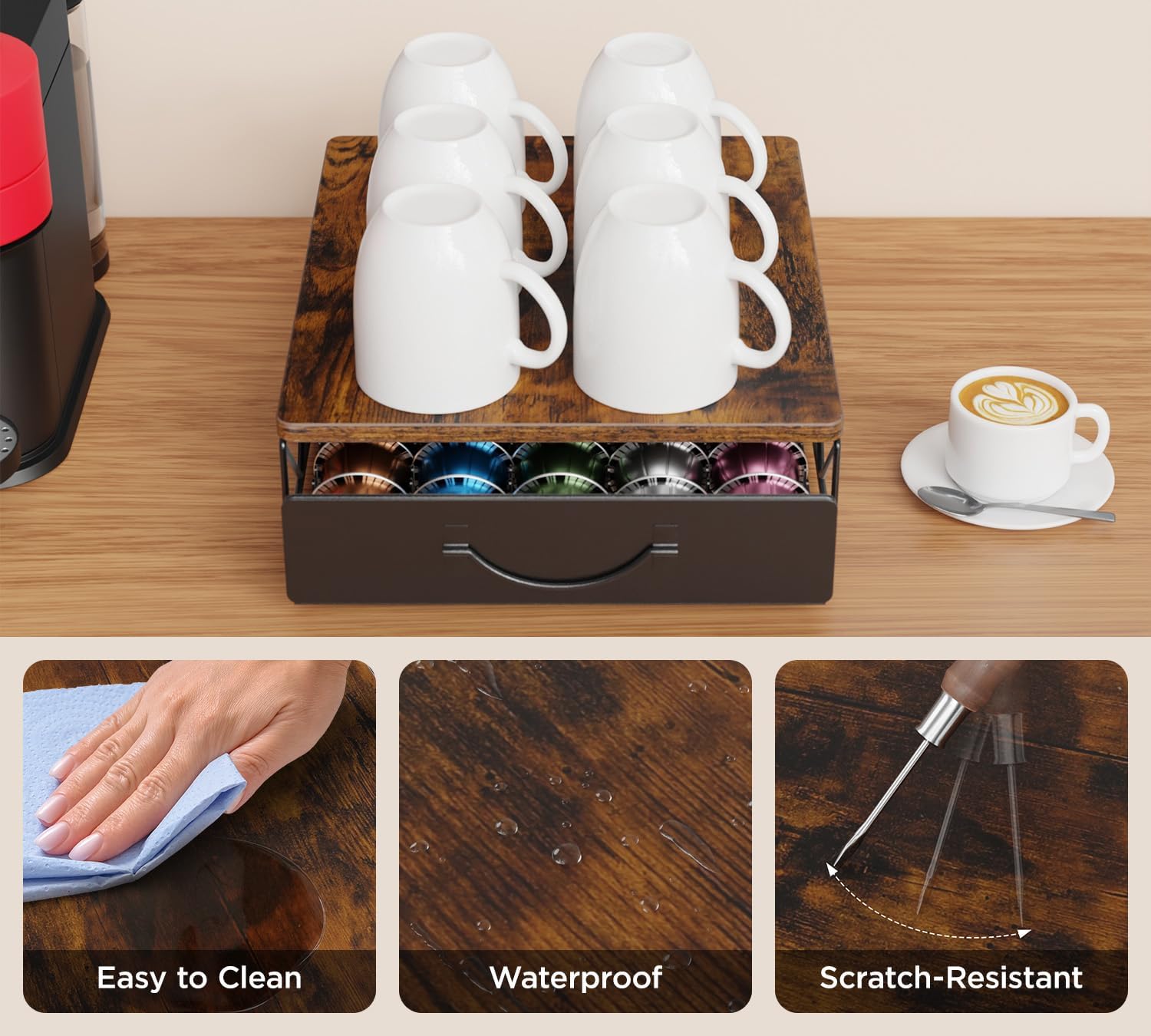 HFHOME Vertuo Pod Holder, Compatible for Nespresso Vertuoline 40 Big or 60 Small Capsules, Wooden Top and Mesh Shelves, Kitchen Counter Coffee Bar Station Organizer with Sliding Drawer, Rustic Brown