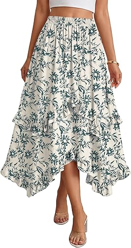 KIFOVEN Women's High Waisted Tiered Ruffle Skirt Boho Western Flowy A-Line Maxi 