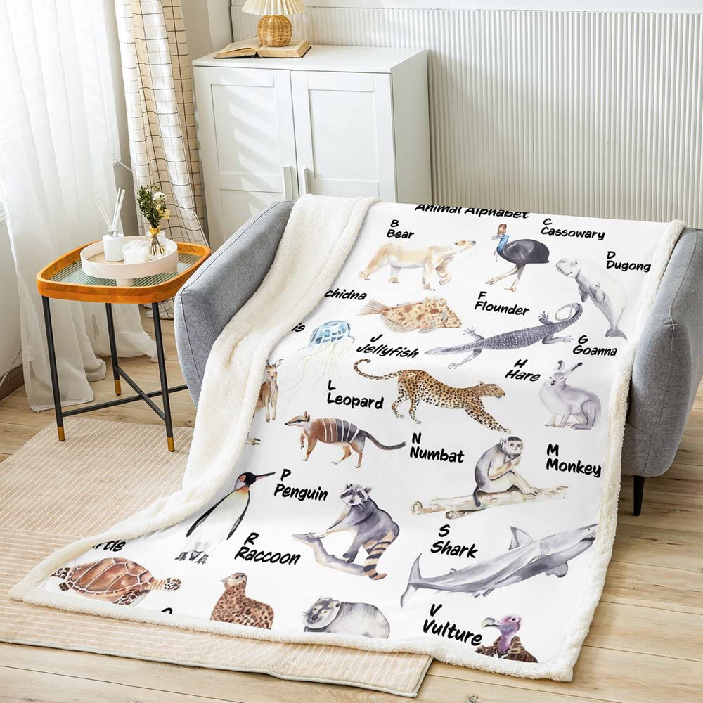Coperta in pile con coniglietto leopardato carino squalo scimmia Sherpa coperta per bambini ragazzi e ragazze animali ABC coperta fuzzy per divano letto cartone animato 26 lettere, 200 x 200 cm