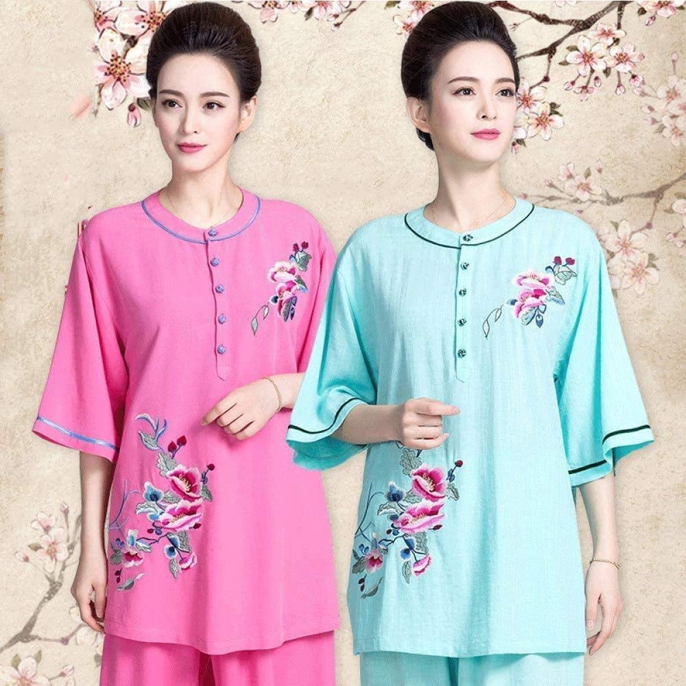 Abbigliamento Tai Chi Divise per Arti Marziali Abbigliamento Estivo Tai Chi, Lino Cotone Ricamo Femminile Abbigliamento per Pratica Arti Marziali Abbigliamento per Principianti Allenamento T
