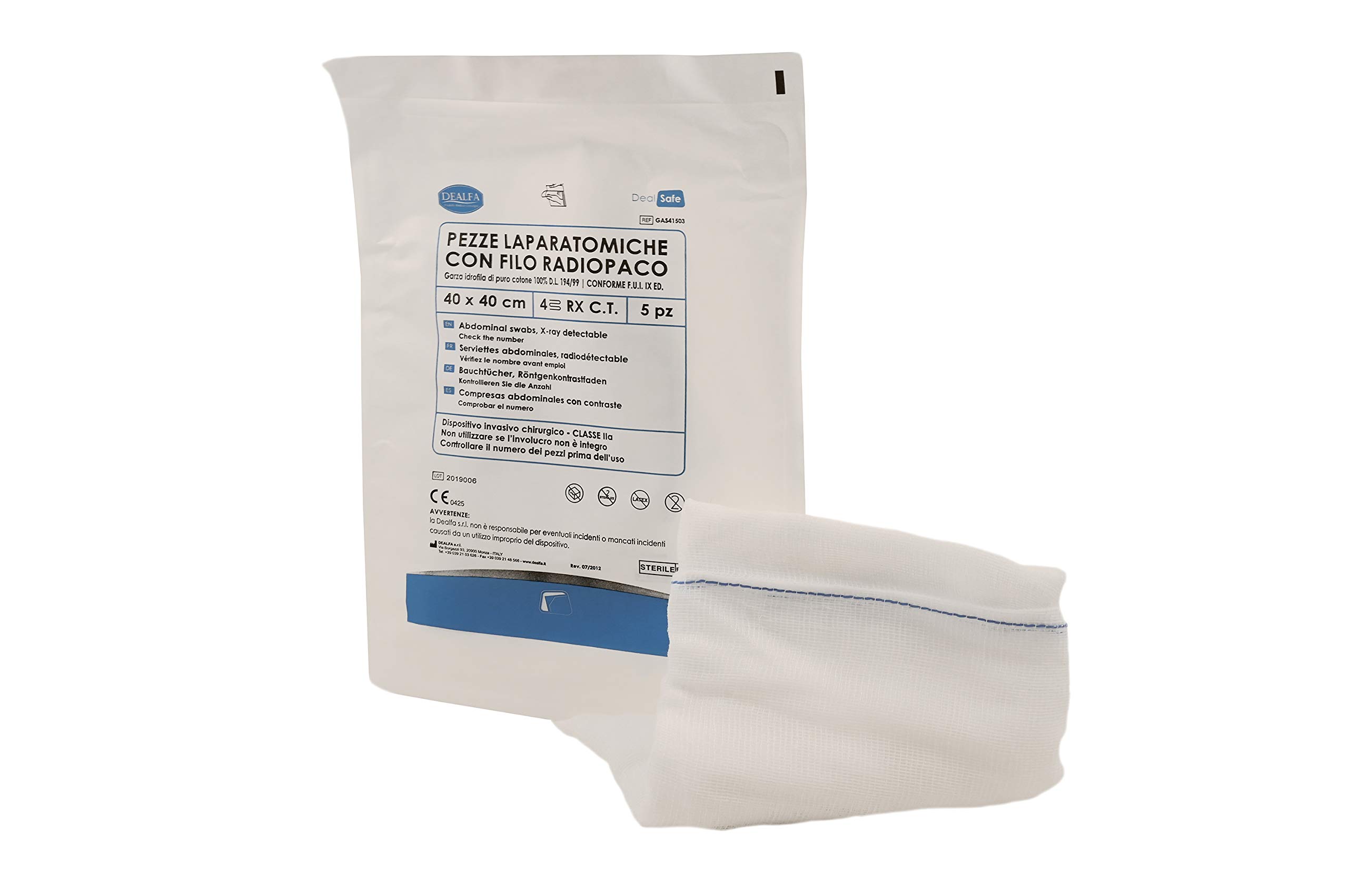 DEALFA Pezze Laparatomiche di Garza Sterili - 40x40 cm - 4 Strati con RX - Colore Bianco - Monouso - Doppia Busta Sterile da 5 Pezzi - Confezione da 5 Buste
