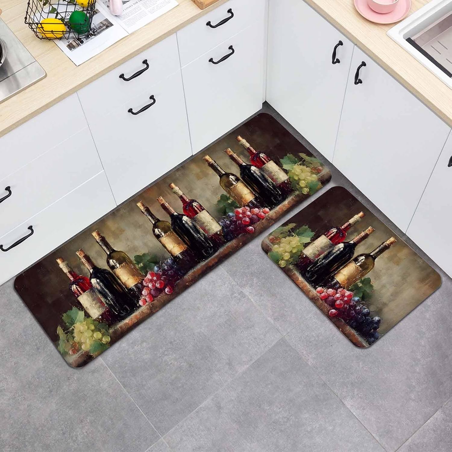 Wine Fruit Kitchen Mat Set 2 Pieces Green Purple Grape Oil Painting Pastoral Country Non Slip Kitchen Rugs Washable Runner Rug Mats for Floor Sink Laundry Office 23.6" x 35.4"+23.6" x 70.9"
