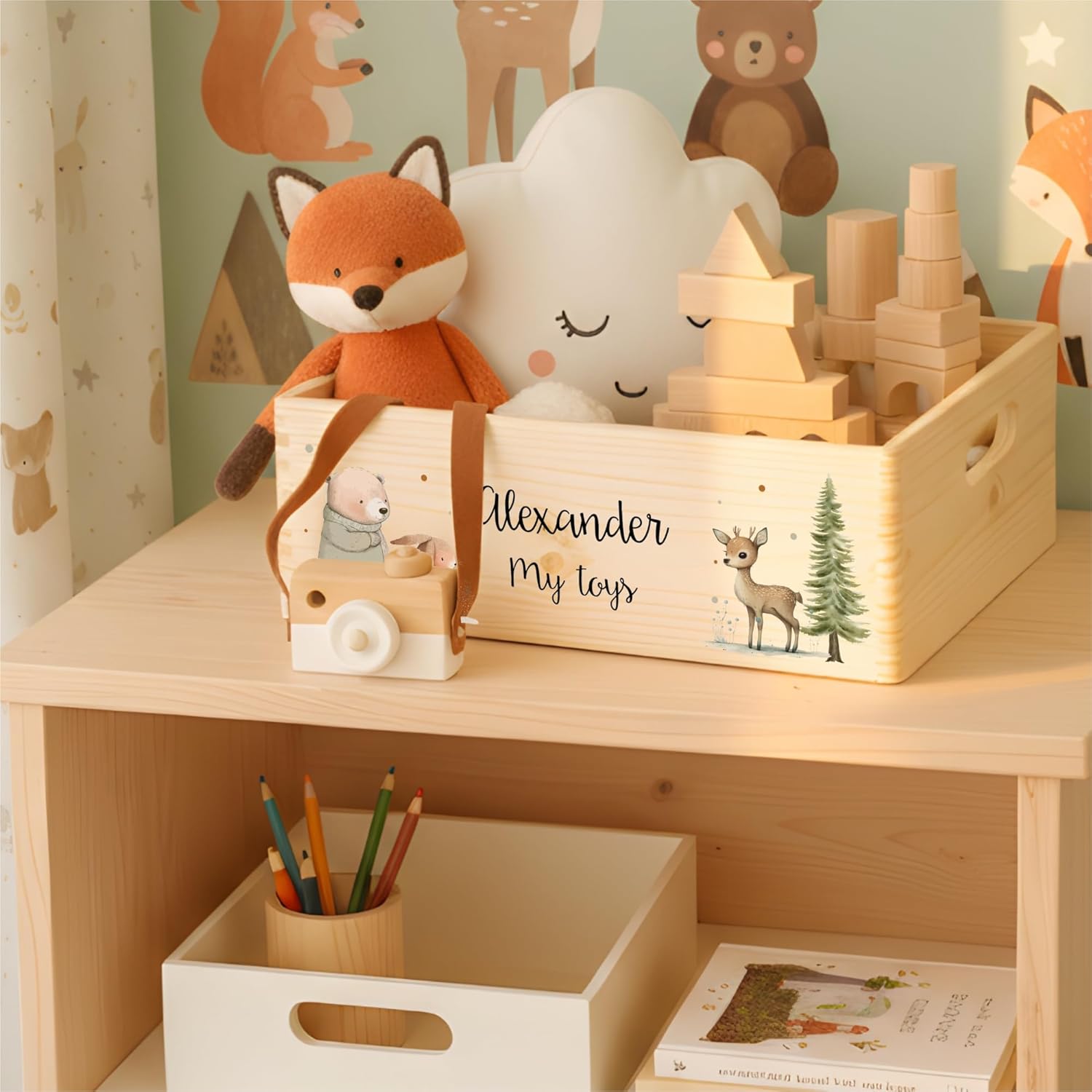 Personalized Wooden Crate Storage Box | 15.74x11.81x5.1in (+-0.5) | Hinged Lid Handles Engraving | Toy Box | Unpainted Gift Box Rough UNSANDED Keepsake Memory Souvenir