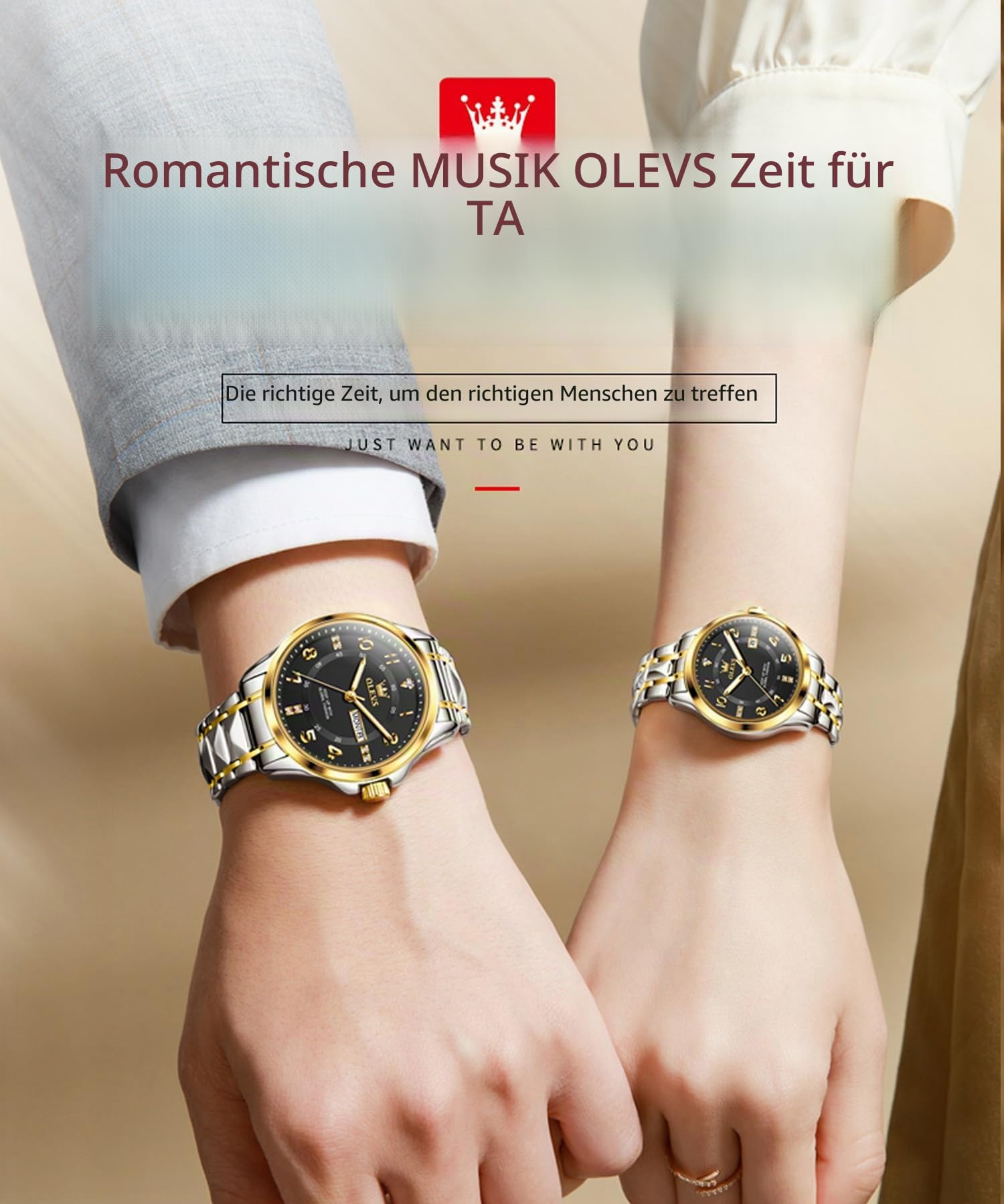 OLEVS Paar-Quarzuhr Edelstahl Paar-Hochzeit Romantisches Ausdruck Mann Tag Nacht Glühen Kalender Wasserdicht Lässige Herren- und Damenuhr