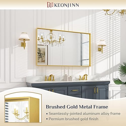 Miniatura 5 de Keonjinn Espejo de baño dorado de 48 x 30 pulgadas, espejo de pared de baño con borde dorado grande cepillado para sobre el fregadero, espejos