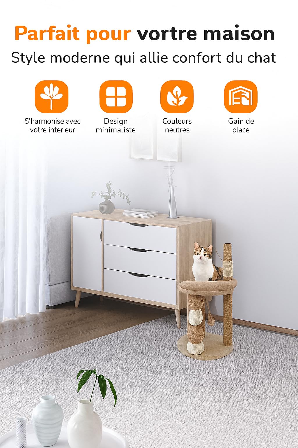 Tiragraffi per gatti beige – albero stabile con cuccia e piattaforme – tiragraffi moderno per gatti grandi e piccoli da interno