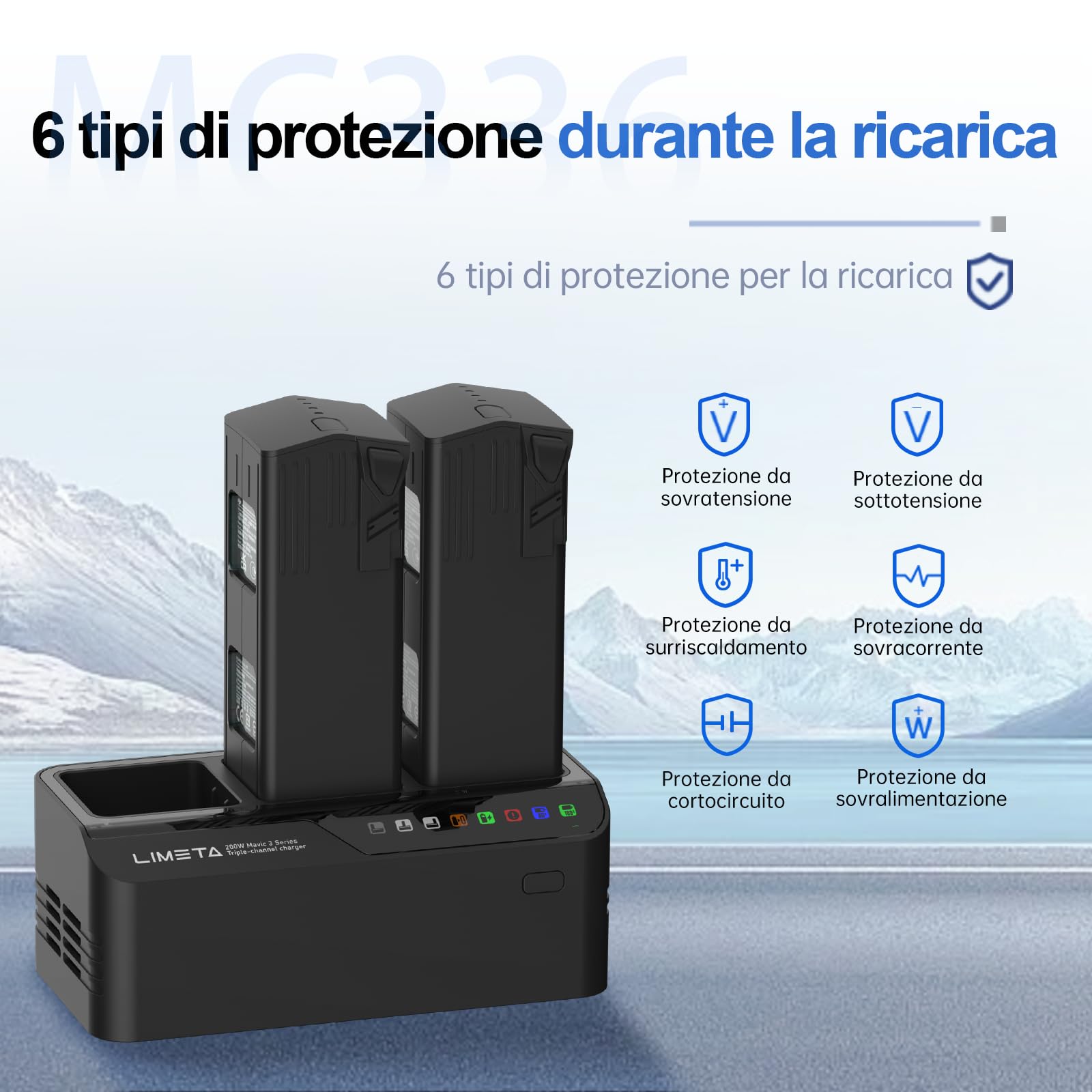 LIMETA MC336 Caricabatterie 200W 3 Canali per DJI Mavic 3 Pro/3 Classic/3 Enterprise, Hub Ricarica Rapida Parallela con Funzione di Scarica e Archiviazione Intelligente per Batterie Drone
