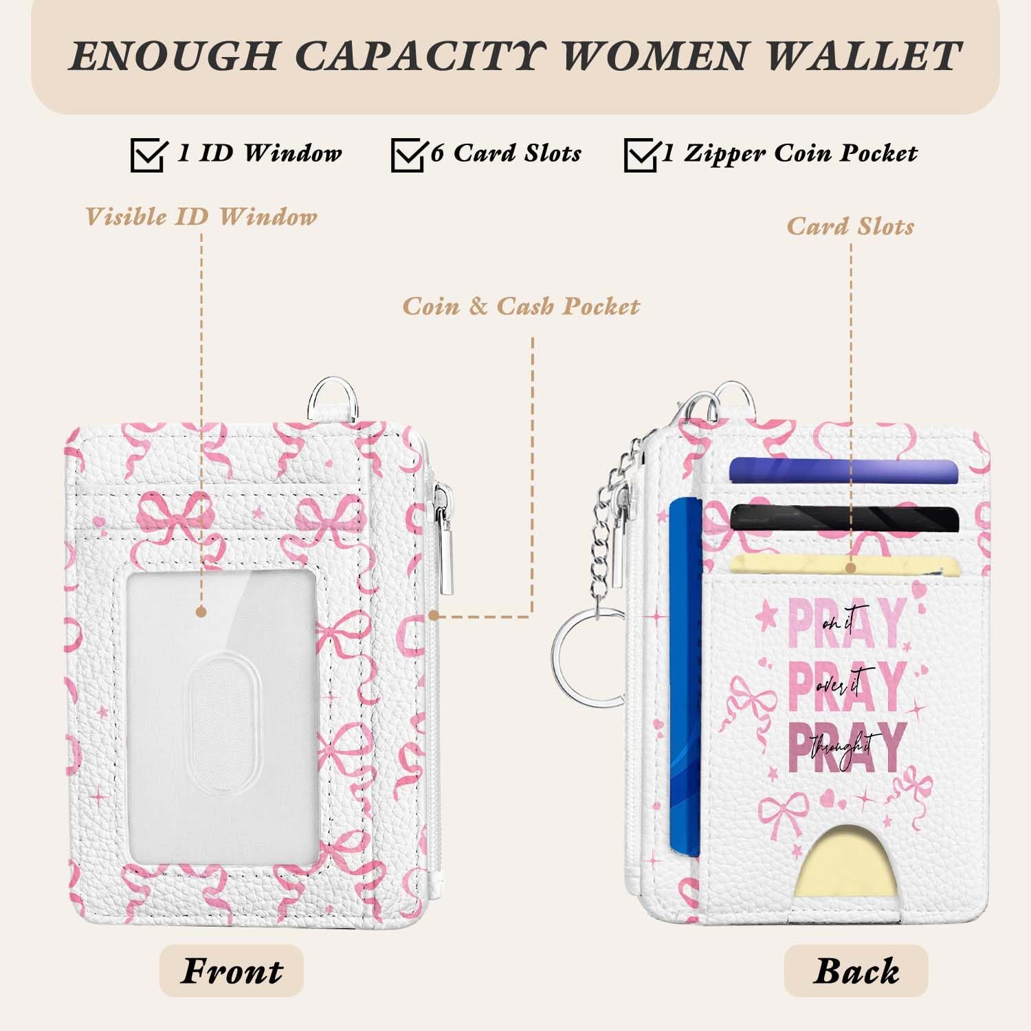 Christian Gifts for Women, Pink Bow Credit Card Holder Small Keychain Wallet for Women, Pray Over It Slim Wallet Coin Pocket, Front Pocket Thin Travel Card Case with ID Window image 3