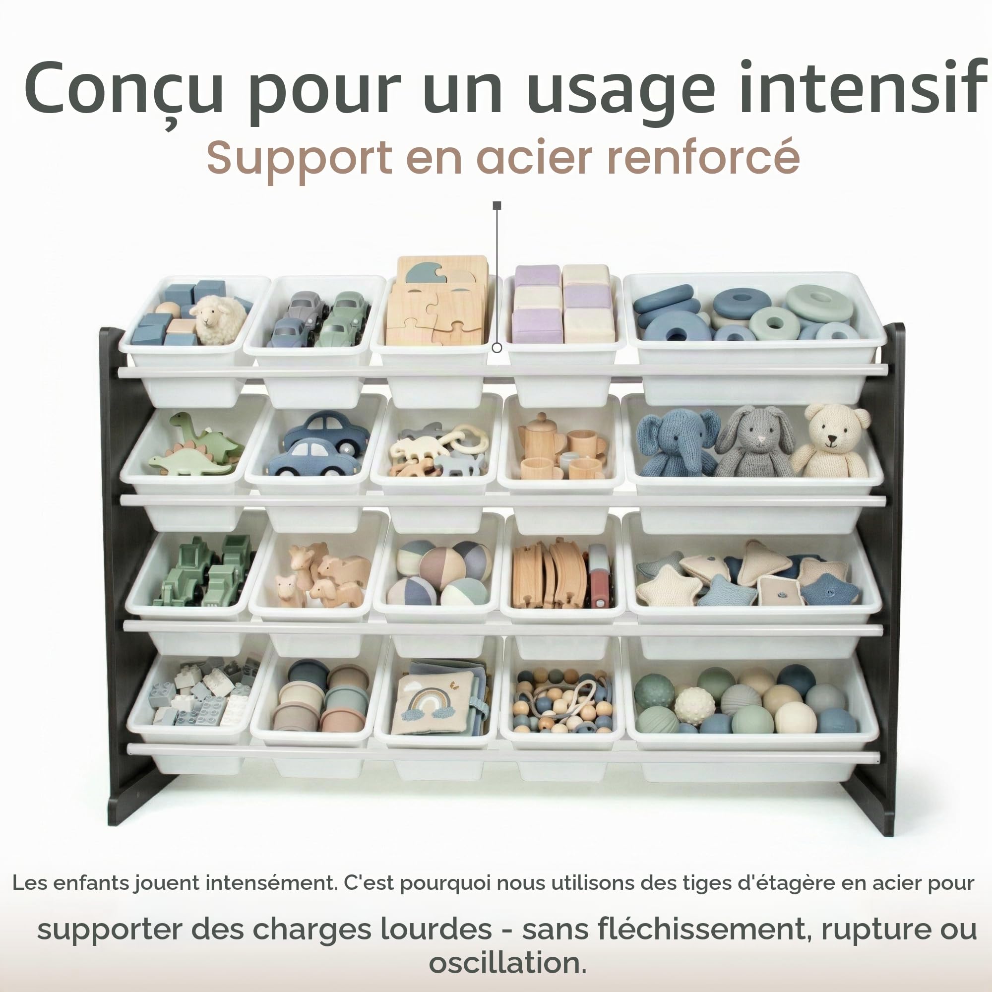 Humble Crew Étagère pour enfants, étagère et organisateur de jouets avec 20 boîtes de rangement, marron foncé/blanc