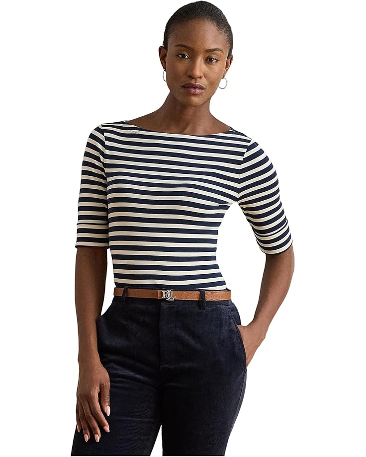 Lauren Ralph Lauren Striped Stretch Cotton Boatneck Tee - Main View