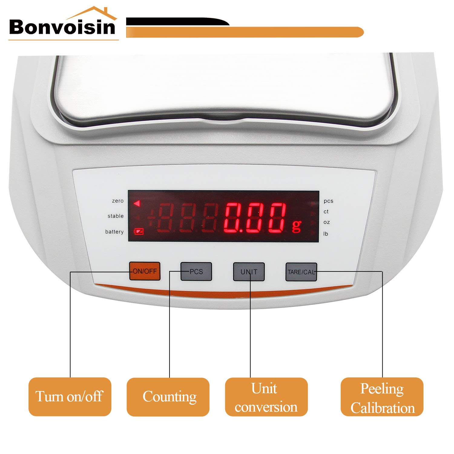 Bonvoisin Balanza de Laboratorio de Precisión de 10mg/0.01g Báscula Digital Electrónico Multifuncional para Cocina, Joyería, Oro, Hogar, Científica (500g, 0.01g)