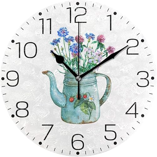 Tetera de metal azul vintage con flores, reloj de pared sin marco de moda, reloj decorativo para cocina, dormitorio, sala de estar, aula, decoración