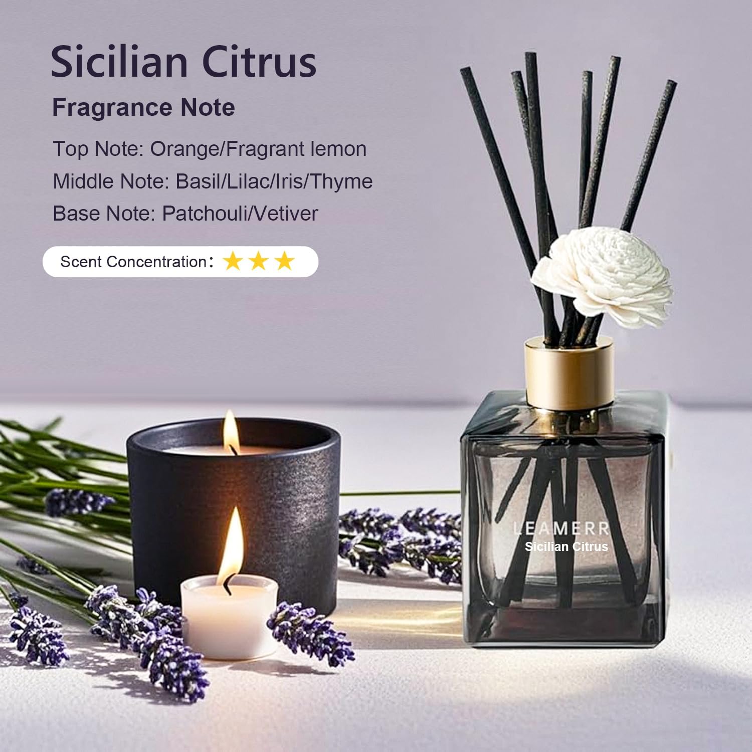 Reed Diffuser Set, 6.1 oz (180 ml) Sicilian Citrus Scented Diffuser with Sticks Long-Lasting Home Fragrance Reed Diffuser for Home Room Office Bathroom Shelf Decor - Image 2
