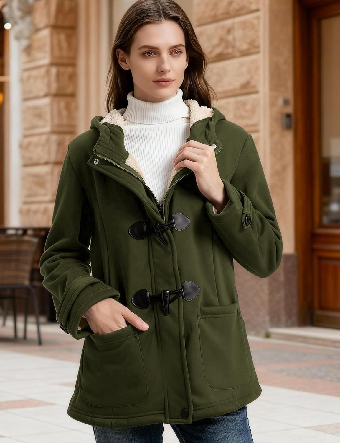 Flygo Sherpa Lined Winter Jackets for Women Fleece Hoodie Jacket Warm Fall Winter Toggle Duffle Coats - Image 6