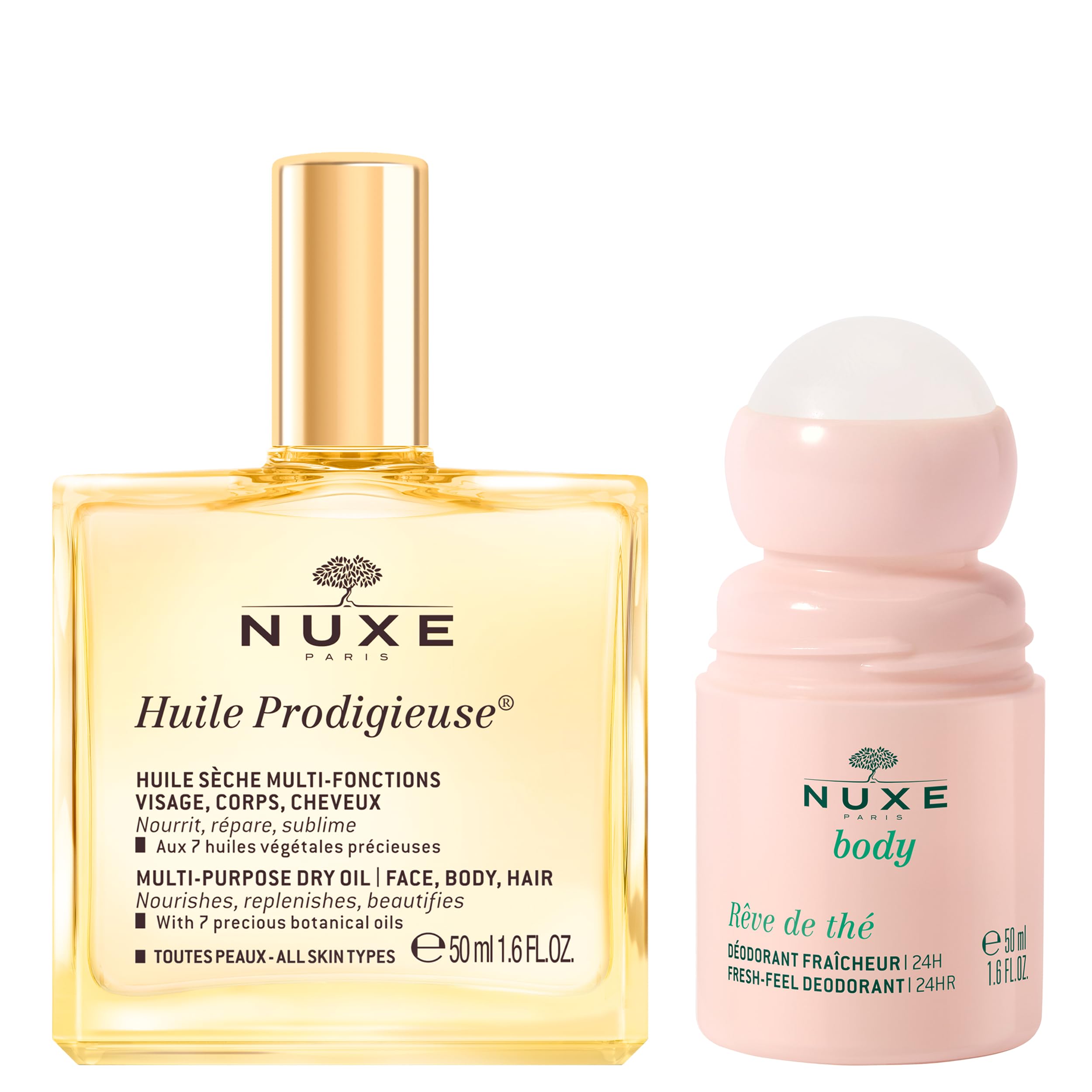 NuxeHuile Prodigieuse Multi-Purpose Dry Oil (1.6 Fl Oz) & Rêve de Thé Aluminum-Free Deodorant (1.6 Fl Oz) Skincare Duo for Nourished Skin & Long-Lasting Freshness
