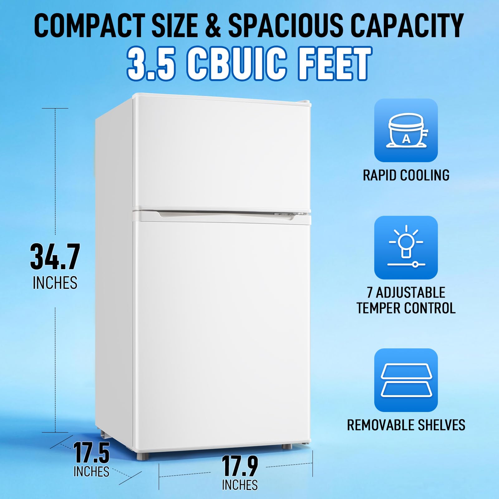 WANAI Mini Fridge With Freezer, 3.5 Cu.Ft Small Refrigerator With 2 Door & 7 Gear Mechanical Control & Side Bottle Rack, LED Light, Ideal For Dorm, Kitchen, Apartment, Office, White on Fridge.com - View 5