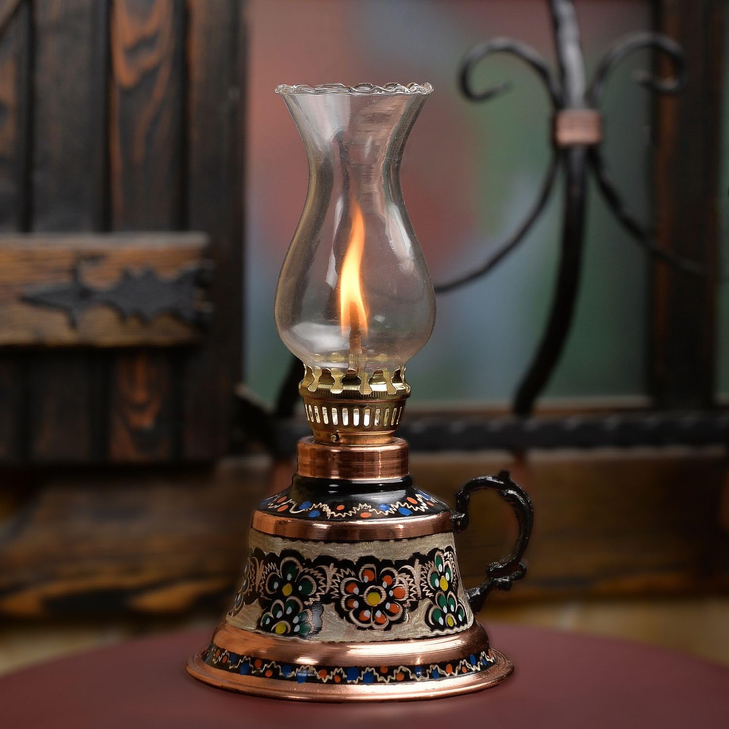 Handmade Copper Oil Lamp with Glass Chimney | Vintage Hurricane Lantern for Home Decor, Farmhouse Kitchen, Rustic Living Room | Decorative Indoor Outdoor Kerosene Lamp and Christmas Gift