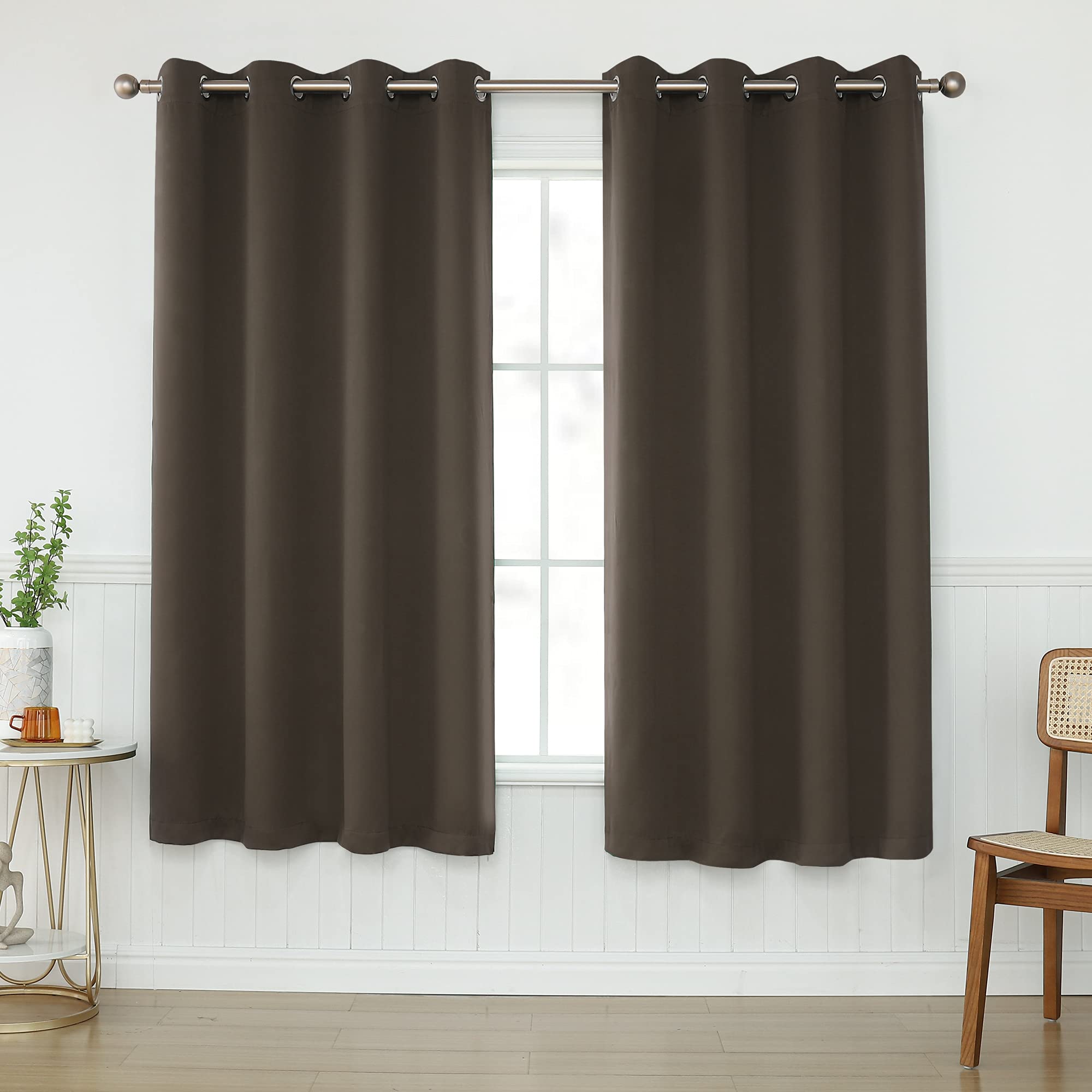 KEQIAOSUOCAI Chocolate Brown Bedroom Blackout Curtains Drapes 63 Inch Length - Top Ring Thermal Insulated Sun Block Drapery Panel for Bathroom, Set of
