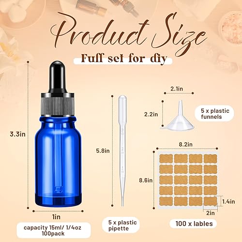 Miniatura 2 de Lallisa Paquete de 100 botellas con cuentagotas de aceite esencial con dispensador de cuentagotas de ojos con 5 embudos, 5 pipetas de 0.1 fl oz, 100