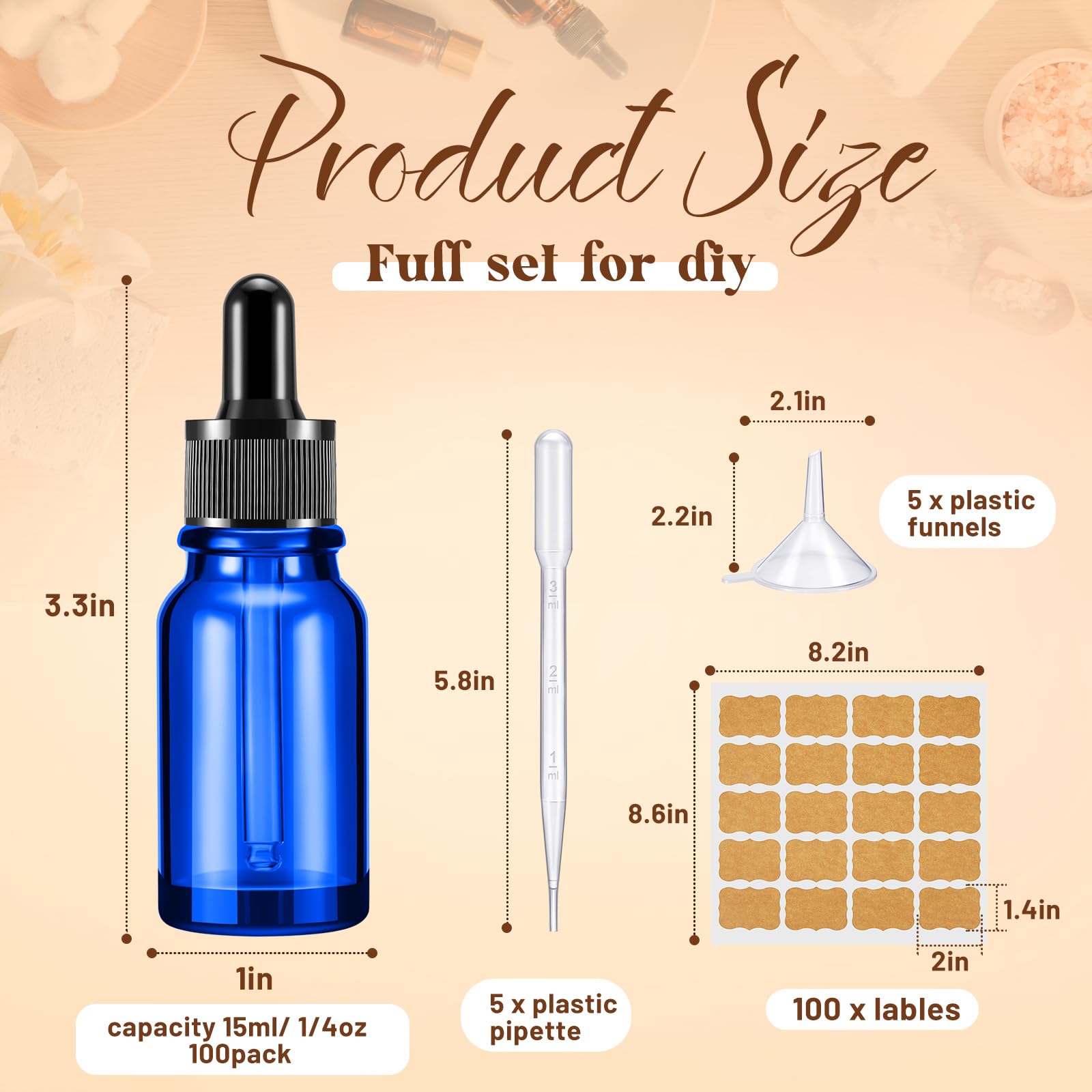 Lallisa Tropfflaschen für ätherische Öle, Glasflaschen mit Augentropfenspender, Tropfflaschen mit 5 Trichtern, 5 Pipetten, 3 ml, 100 Etiketten für ätherisches Öl, Parfüm (blau, 15 ml, 100 Stück)