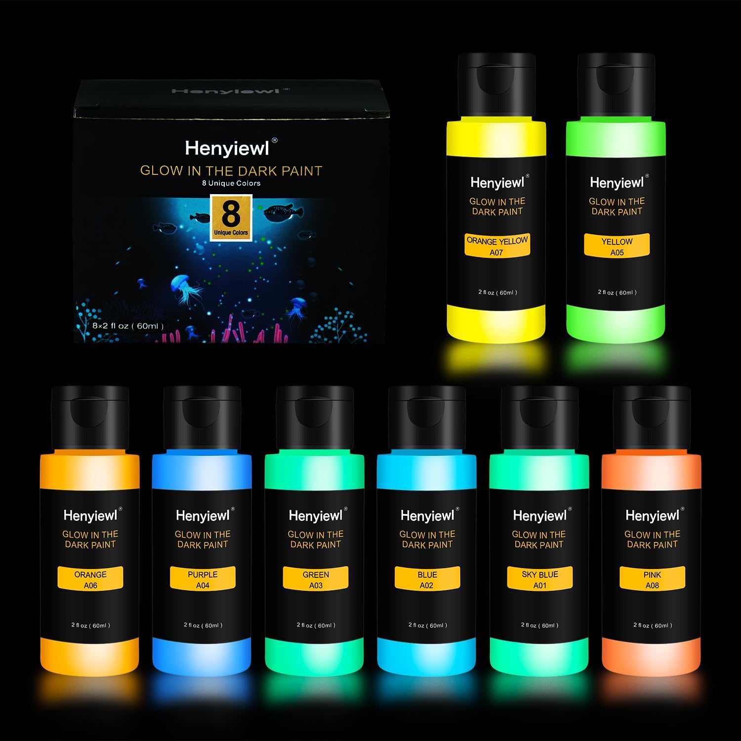 Henyiewl Glow in The Dark Paint, 8 Colors Glow Acrylic