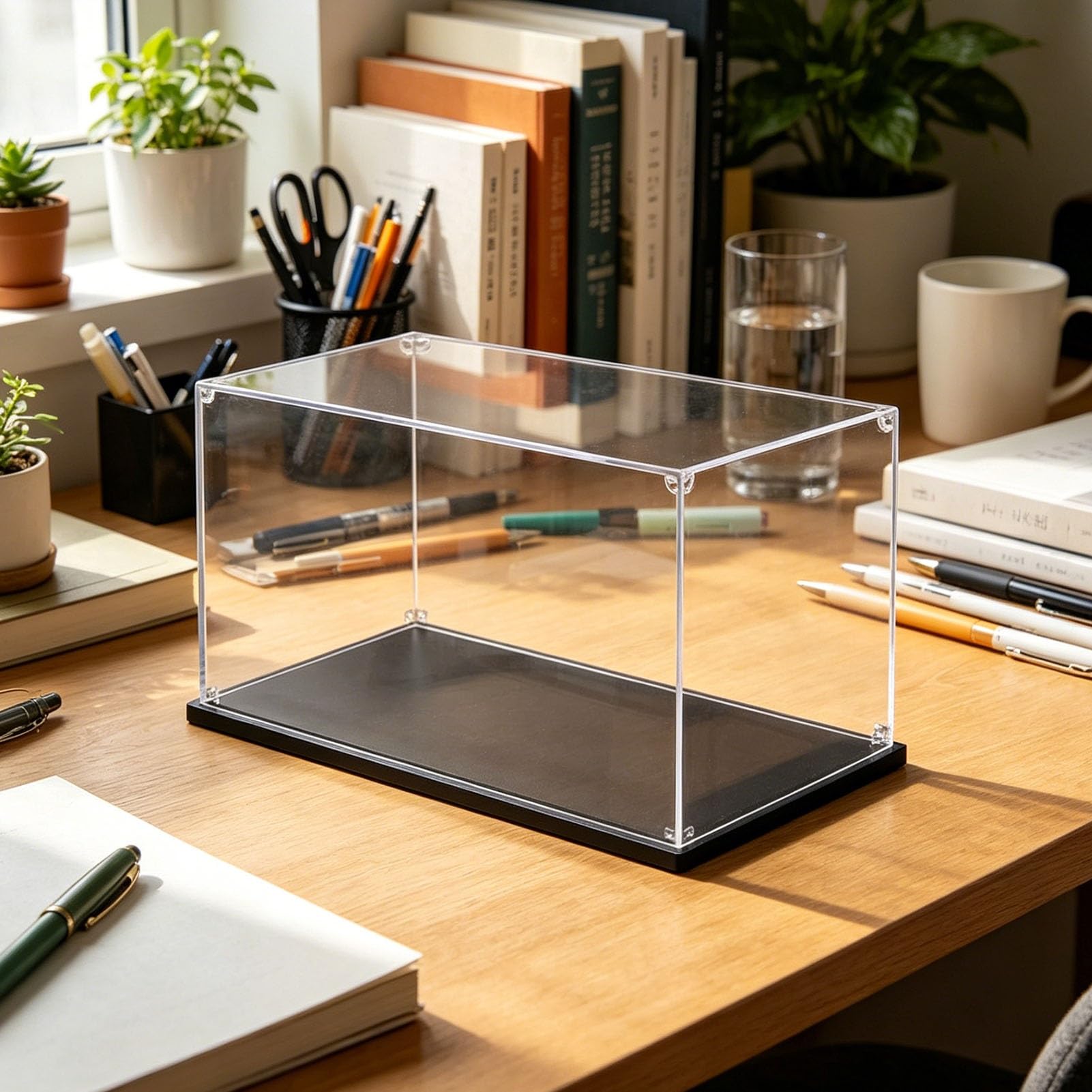 Vibeo Acryl Vitrine Selbstaufbaubare, Transparente Acryl-Thekenvitrine, Kleine Acryl-Aufbewahrungsbox 20 30 40 50 cm, Vitrine für Autos/Figuren mit Schwarzem Sockel(40x20x30cm(16"x8"x12"))