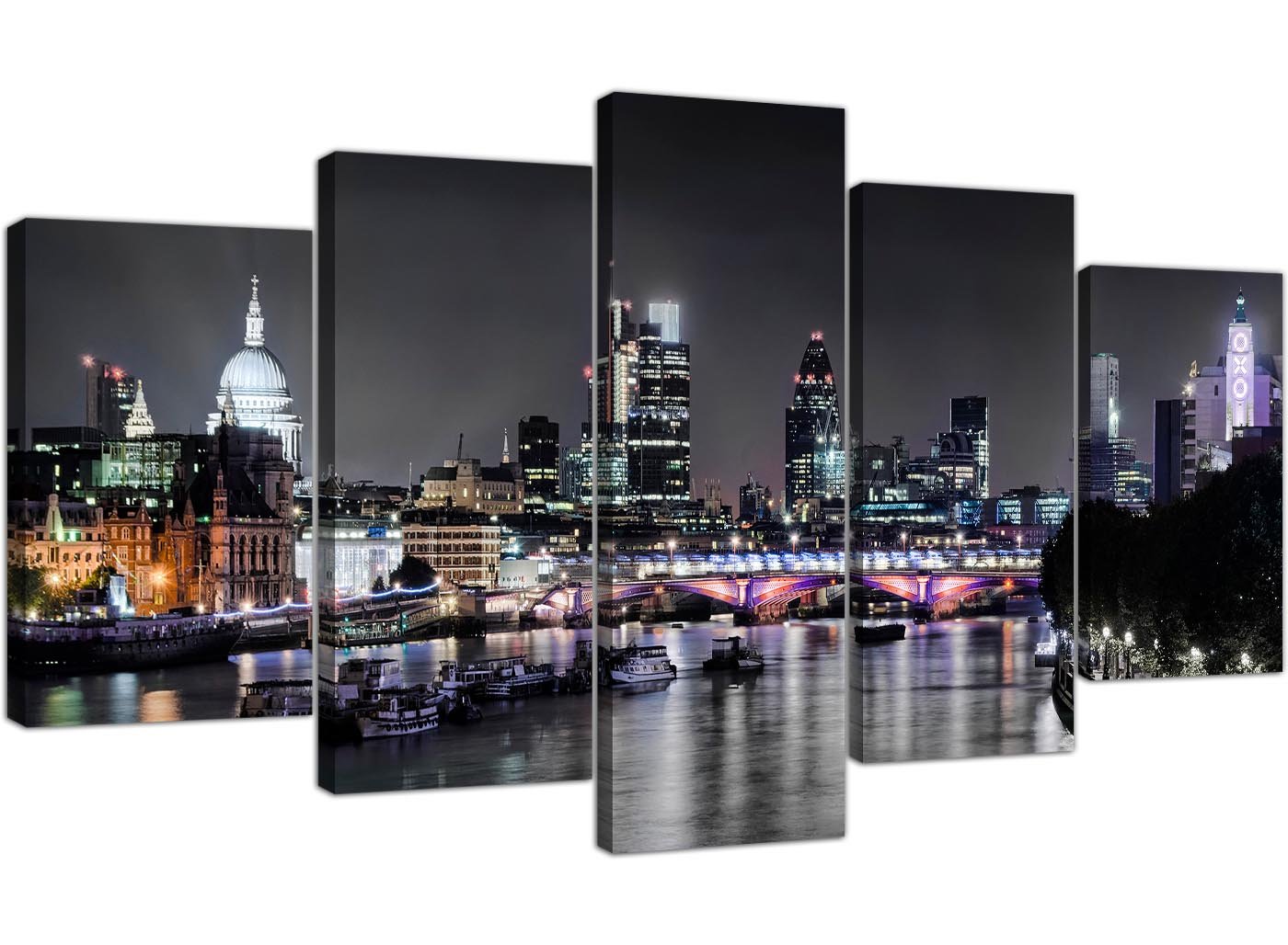 Wallfillers Black and White London Skyline at Night with Grey - Multi 5 Panel