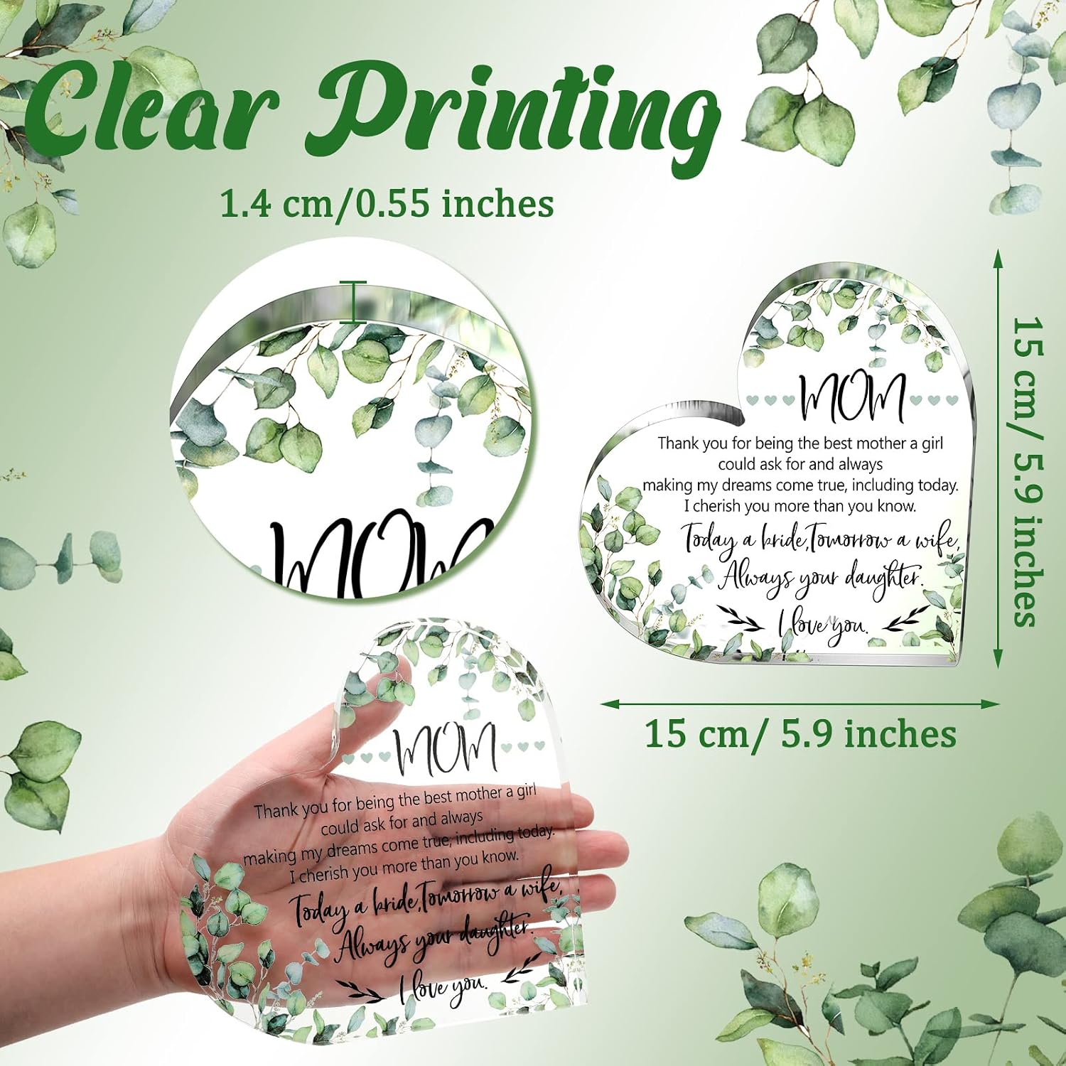 Yalikop Mother of Bride Gift Acrylic Heart 2026 Keepsake, Eucalyptus image 3