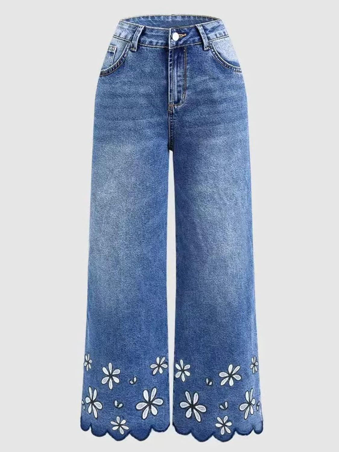 yoeasy Womens Wide Leg Jeans Mid Rise Floral Embroidery Hem Baggy Jeans Casual Cropped Denim Pants with Pockets