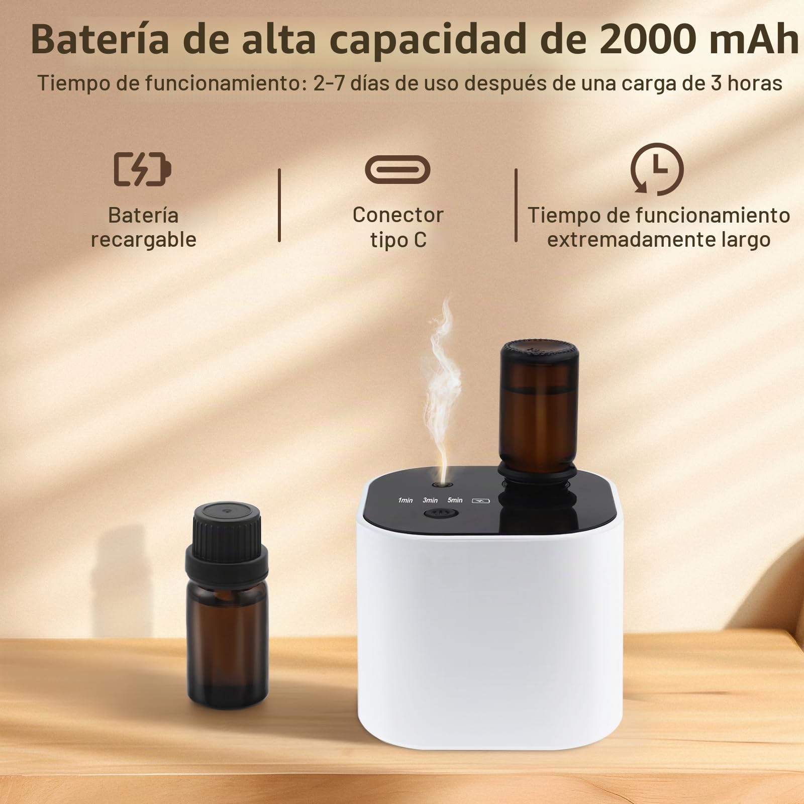 Difusor de aceites esenciales sin agua, mini difusor de aromaterapia inalámbrico con batería, difusor circular de fragancia, adecuado para el hogar, hogar y oficina