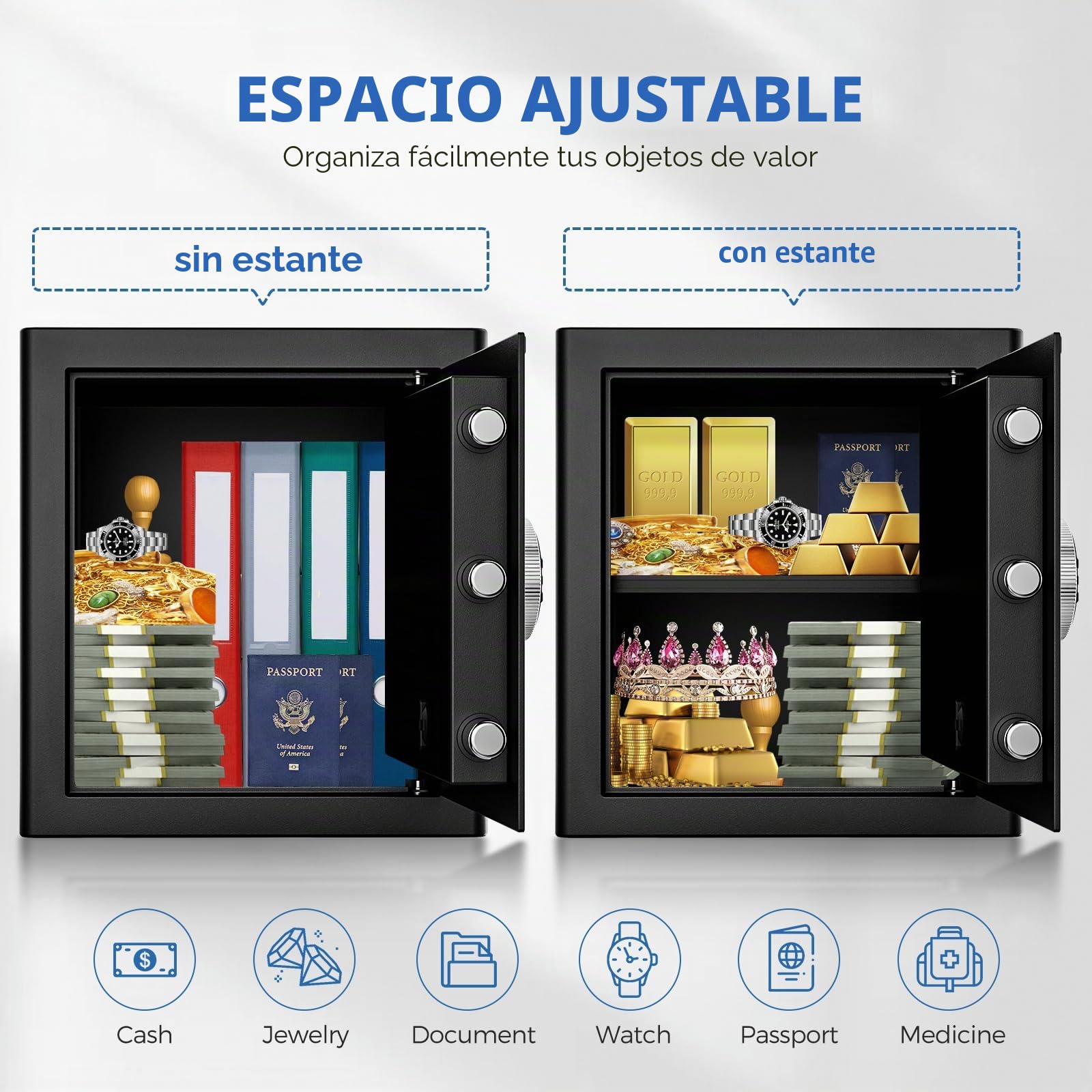 WASJOYE Caja Fuerte Convencionale para el Hogar, Teclado de Seguridad Electrónico Digital Caja Fuert Grande, Caja Fuert con Cerradura de Llave para el Hotel, Oficina, Dinero, Pistola, Joyería, 42L