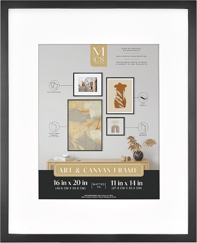 MCS Art Frame With Mat Opening, 16x20, Black | Changeable Art Frame With Mat Opening, 16x20 Inch, Black Finish